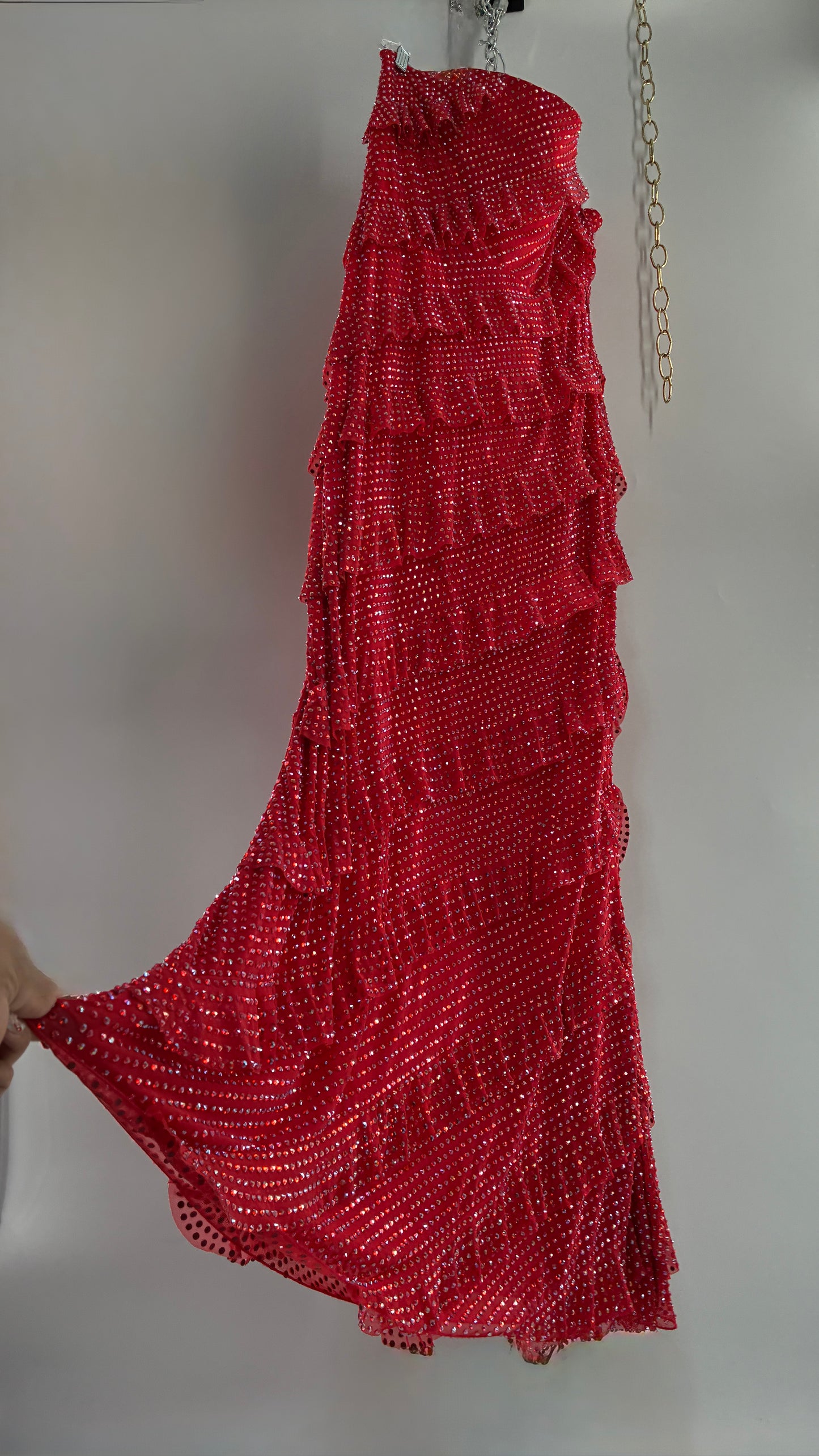 OH POLLY Red Ruffle, Heavy Gown Covered in Iridescent Rhinestones NWOT (14)