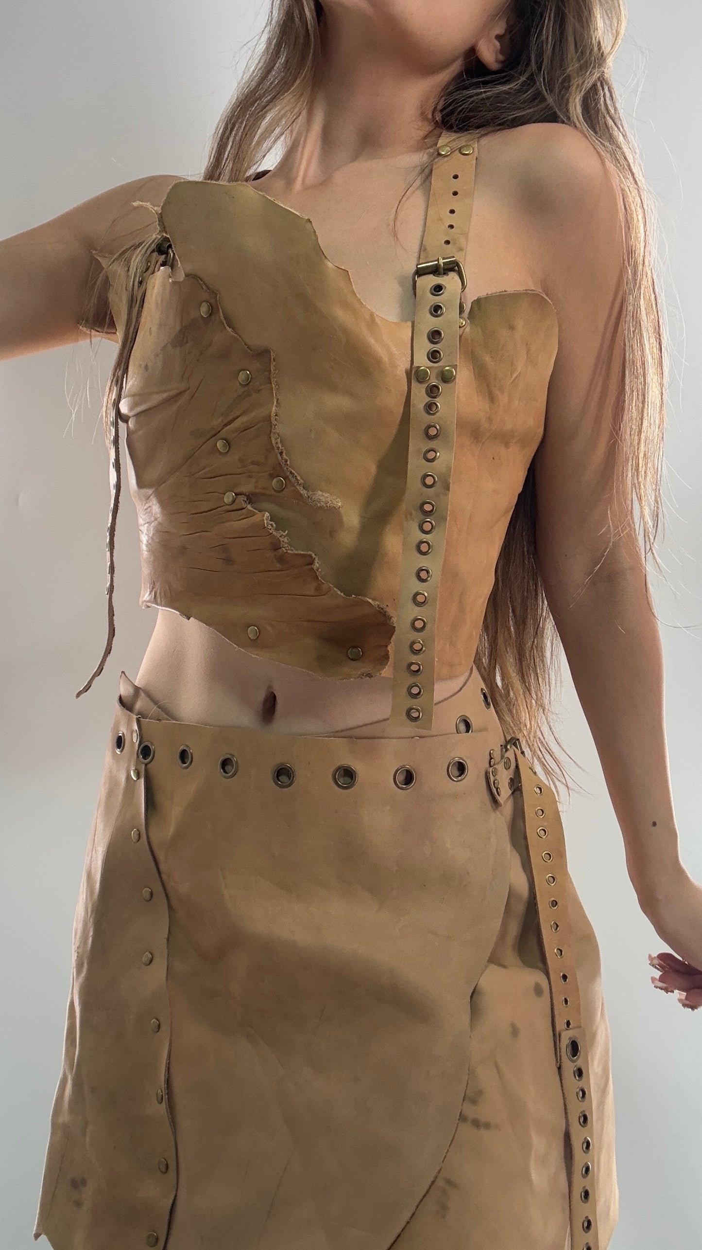 CUSTOM Handmade Rugged and Reversible Distressed Leather Two Piece Set with Grommet Waistband (XS-XL)