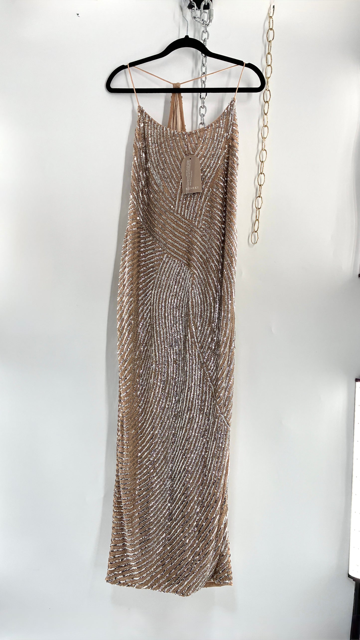 MESHKI Tierra Nude Full Length Dress with Silver Sequins with Tags Attached (XXXL)