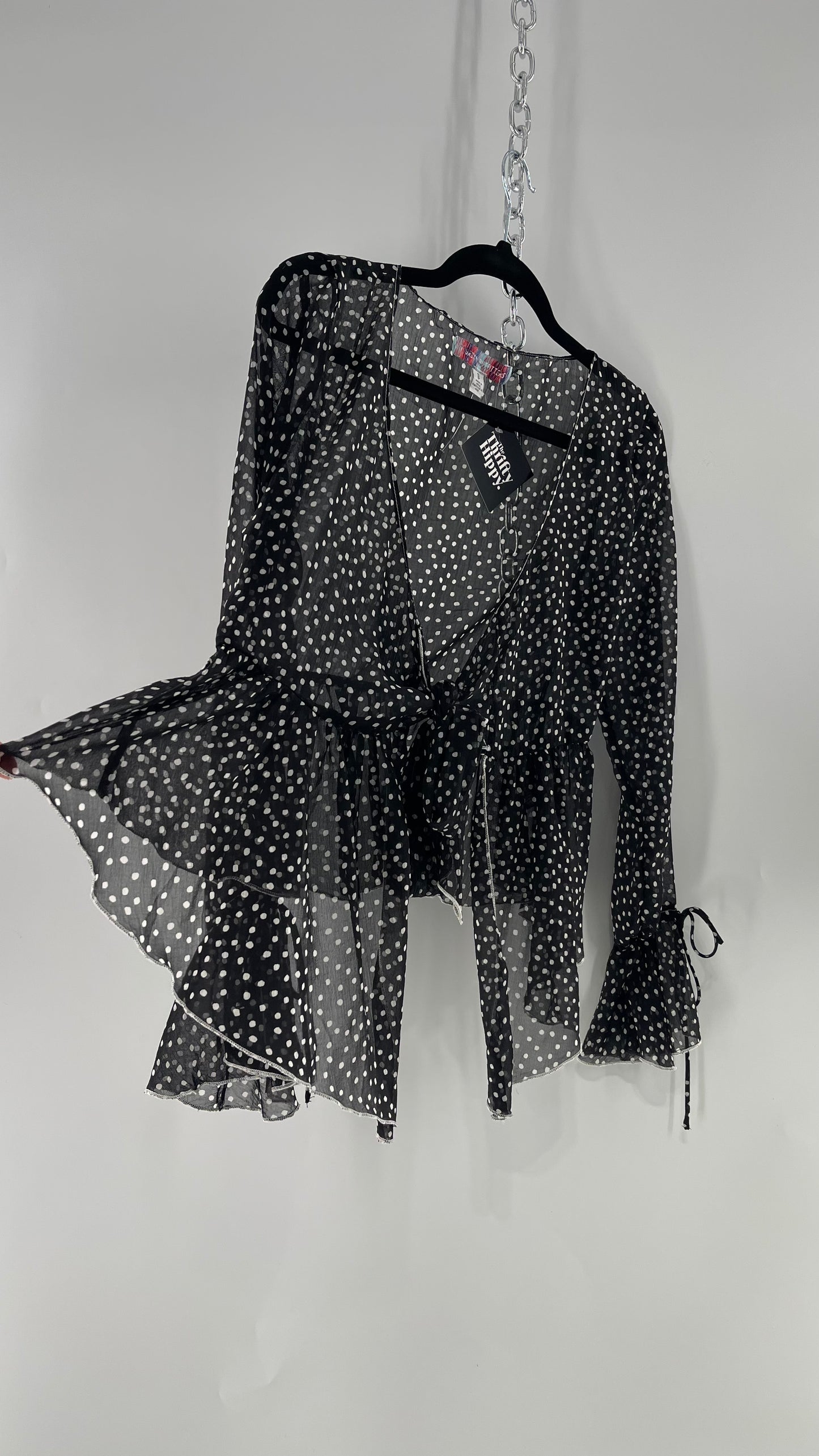 Urban Outfitters Black and White Polka Dot Tie Front Blouse with Tie Sleeve Detail (Small)