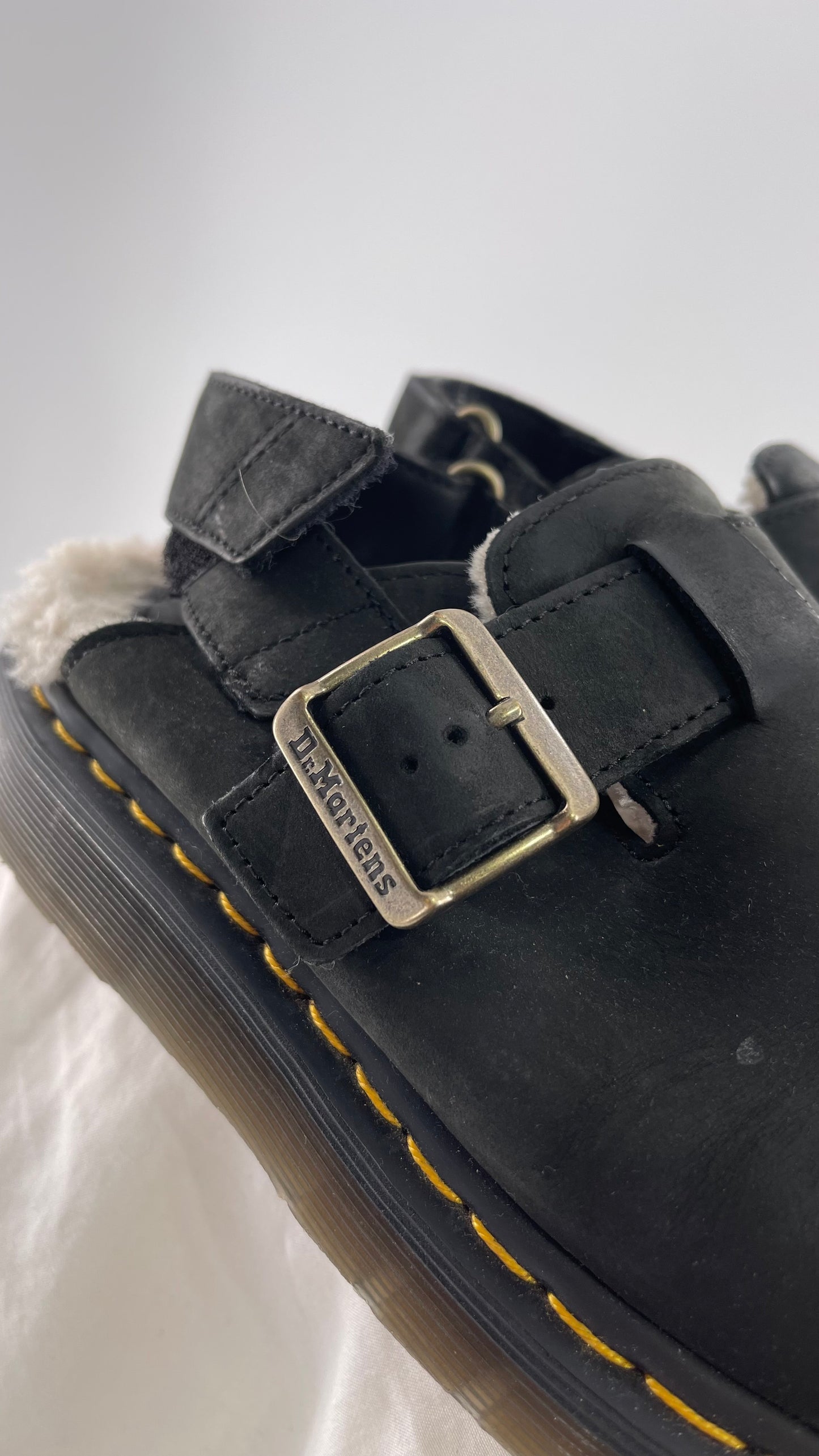 Vintage Worn Dr. Martens Jorge Black Leather Slide on Fur Lined Clogs (8M/9L)