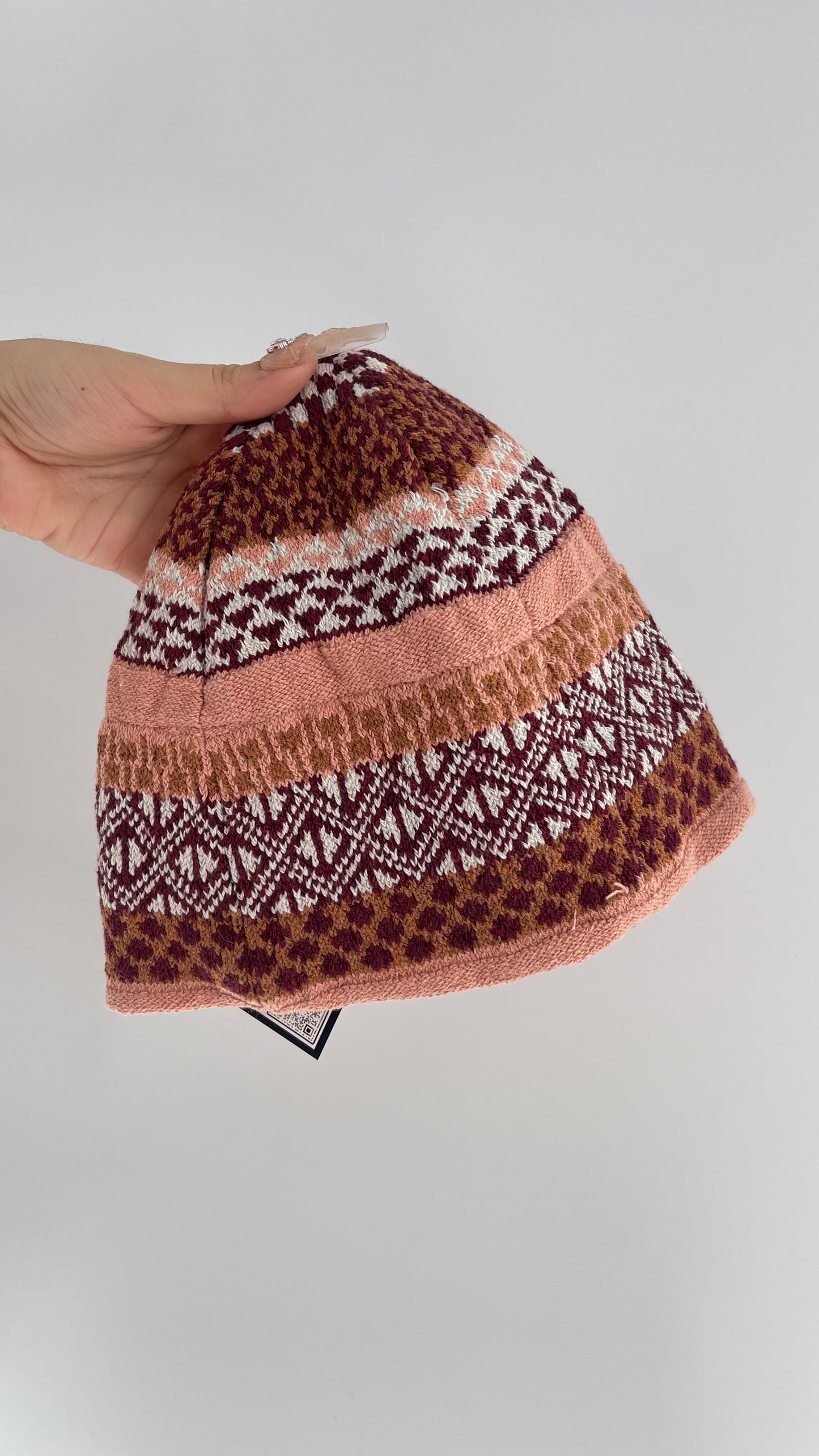 Anthropologie Pink/Burgundy Knit Patterned Beanie