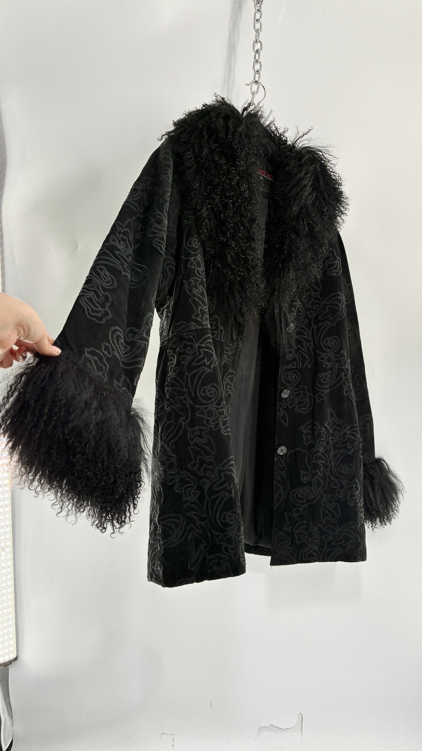 Vintage PHASE TWO Embroidered Black Genuine Suede Leather Coat with Mongolian Fur Collar and Cuffs (XXL)
