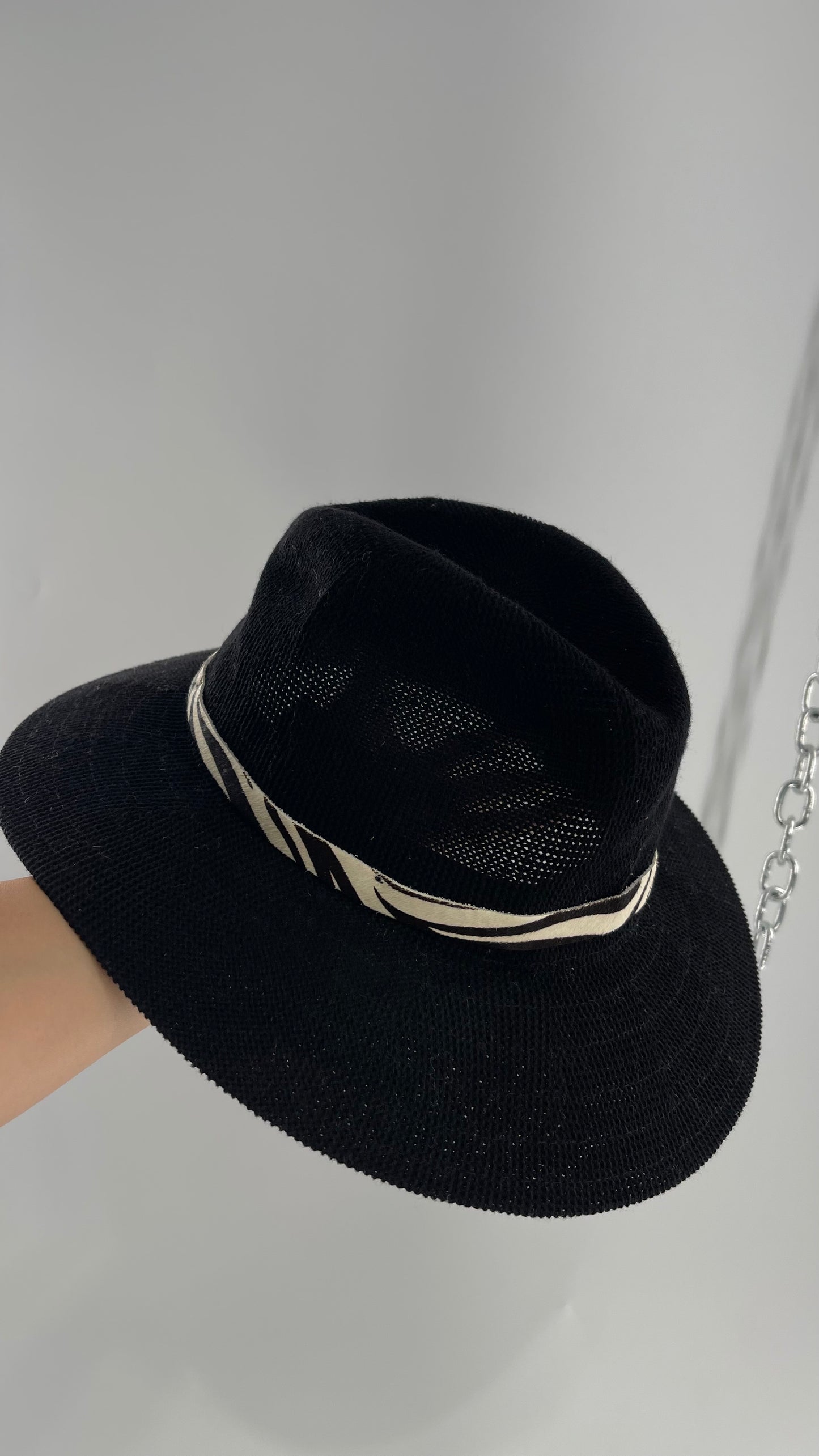 Free People Black 55% Cotton Woven Sun Hat with Textured Fur Belt