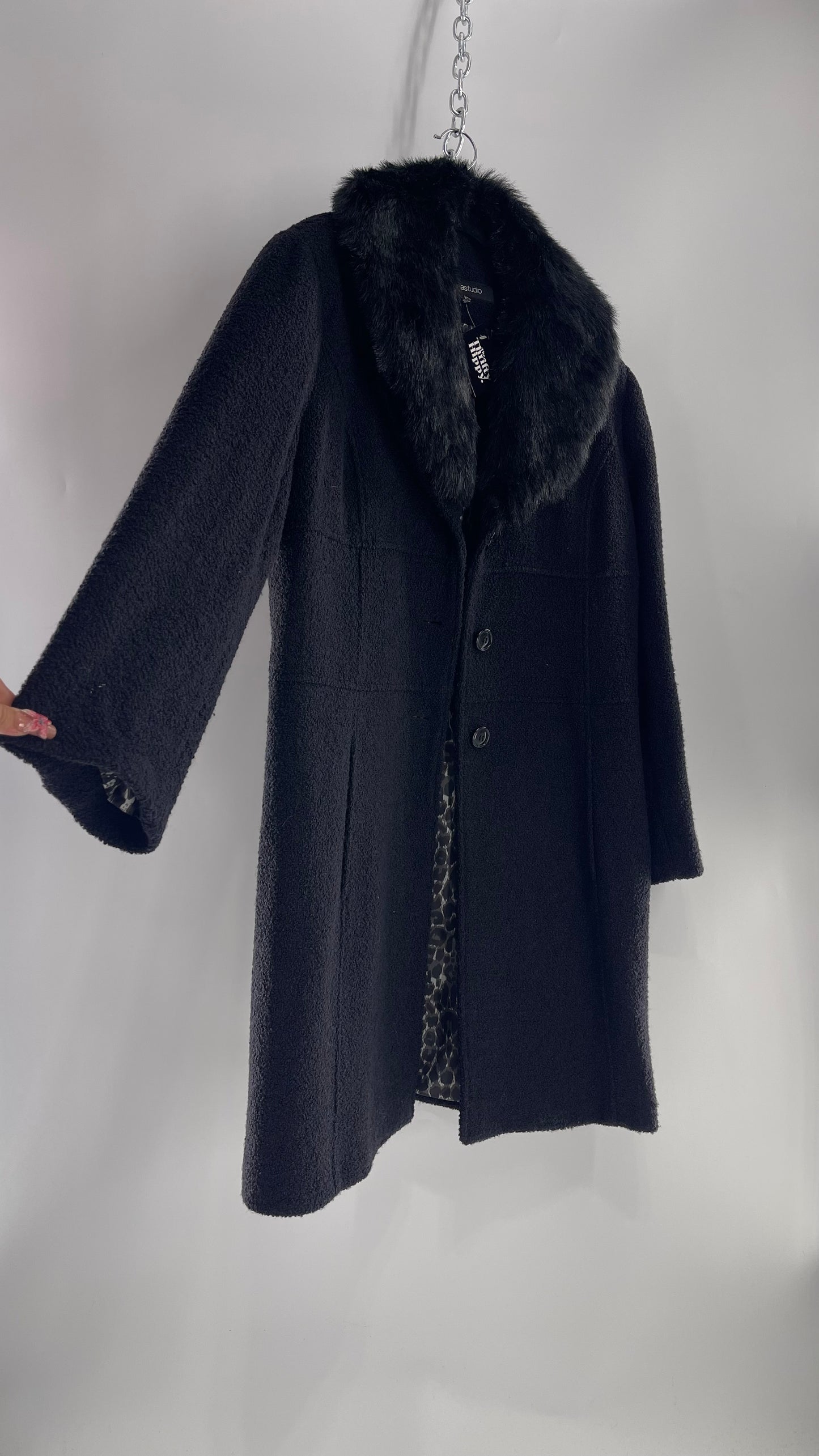 Vintage Sienna Studio Black Bouclé Coat with Faux Fur Detachable Collar and Leopard Lining (Large)