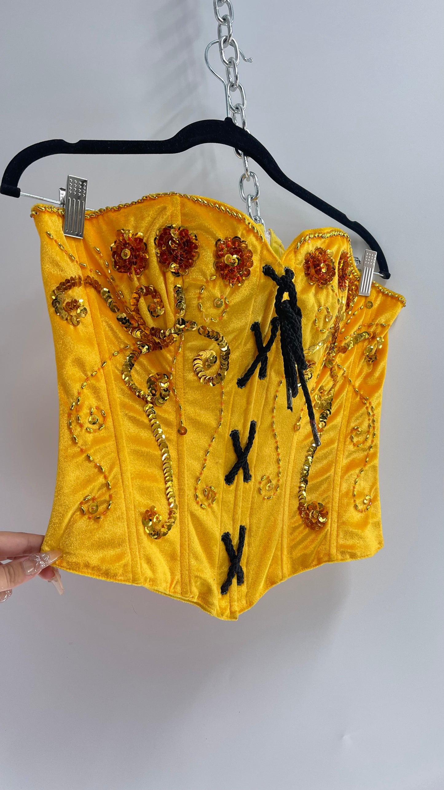 Vintage Hand Embroidered/Embellished Yellow Velvet Corset (Medium)