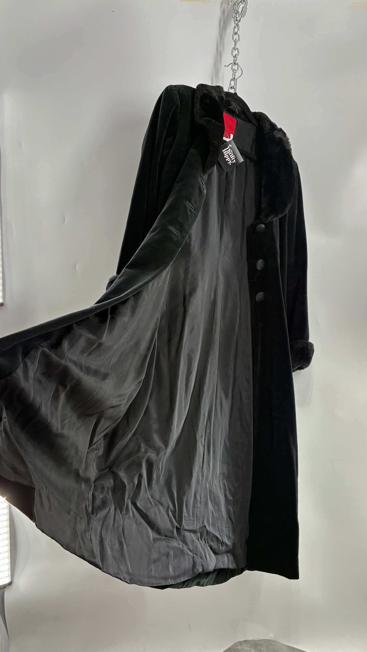 Vintage JS Collection Velour Duster Coat with Deep Neckline, Vegan Fur Collar and Cuffs (Large)