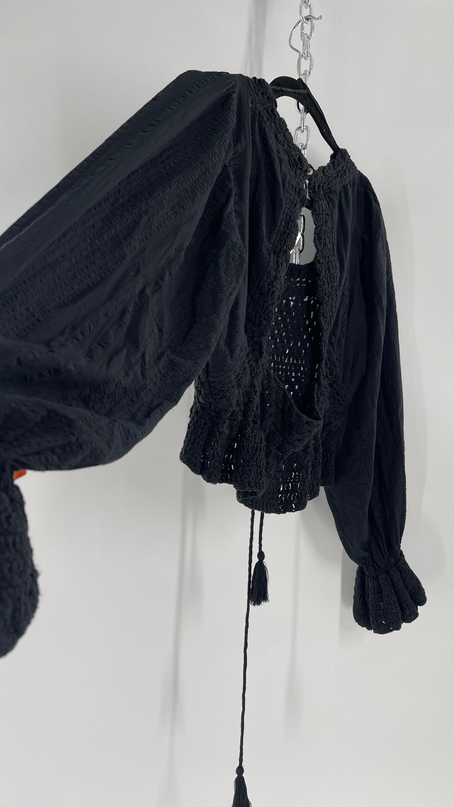 Free People Black ‘Megan’ Woven Macrame Crochet Cropped Blouse with Balloon Sleeves and Flared Cuffs (XS)