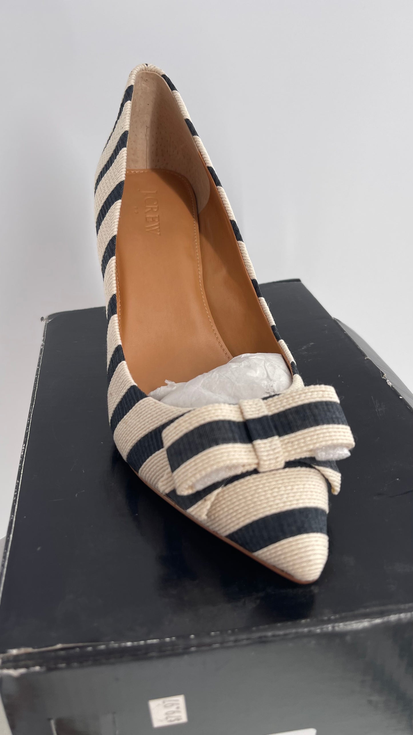 JCREW Cloth Off White and Blue Striped Bow Front Heel (9.5)