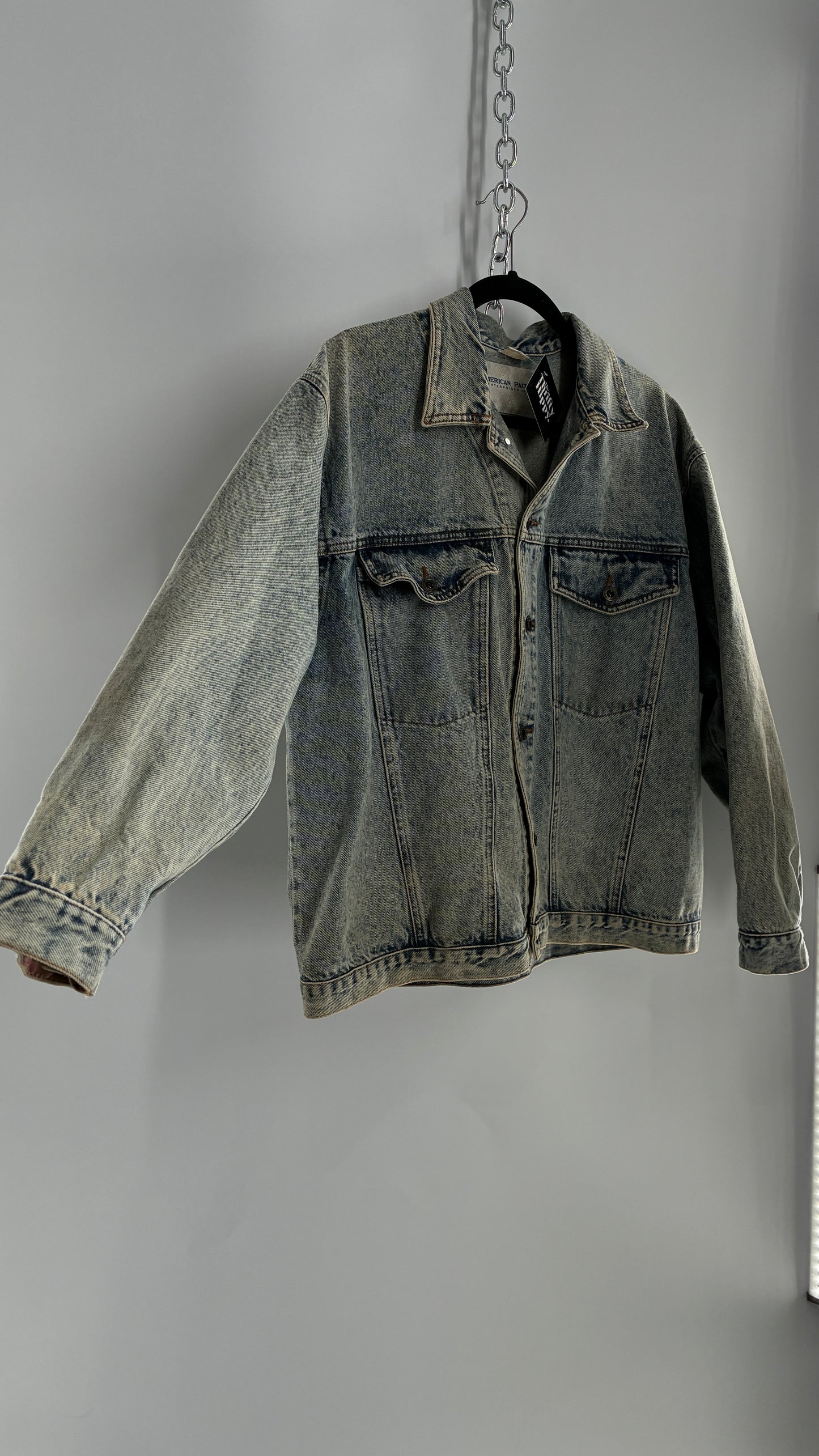 Vintage American Pacific Acid Wash Denim Jacket with Floral Patterned Cuffs (Large)