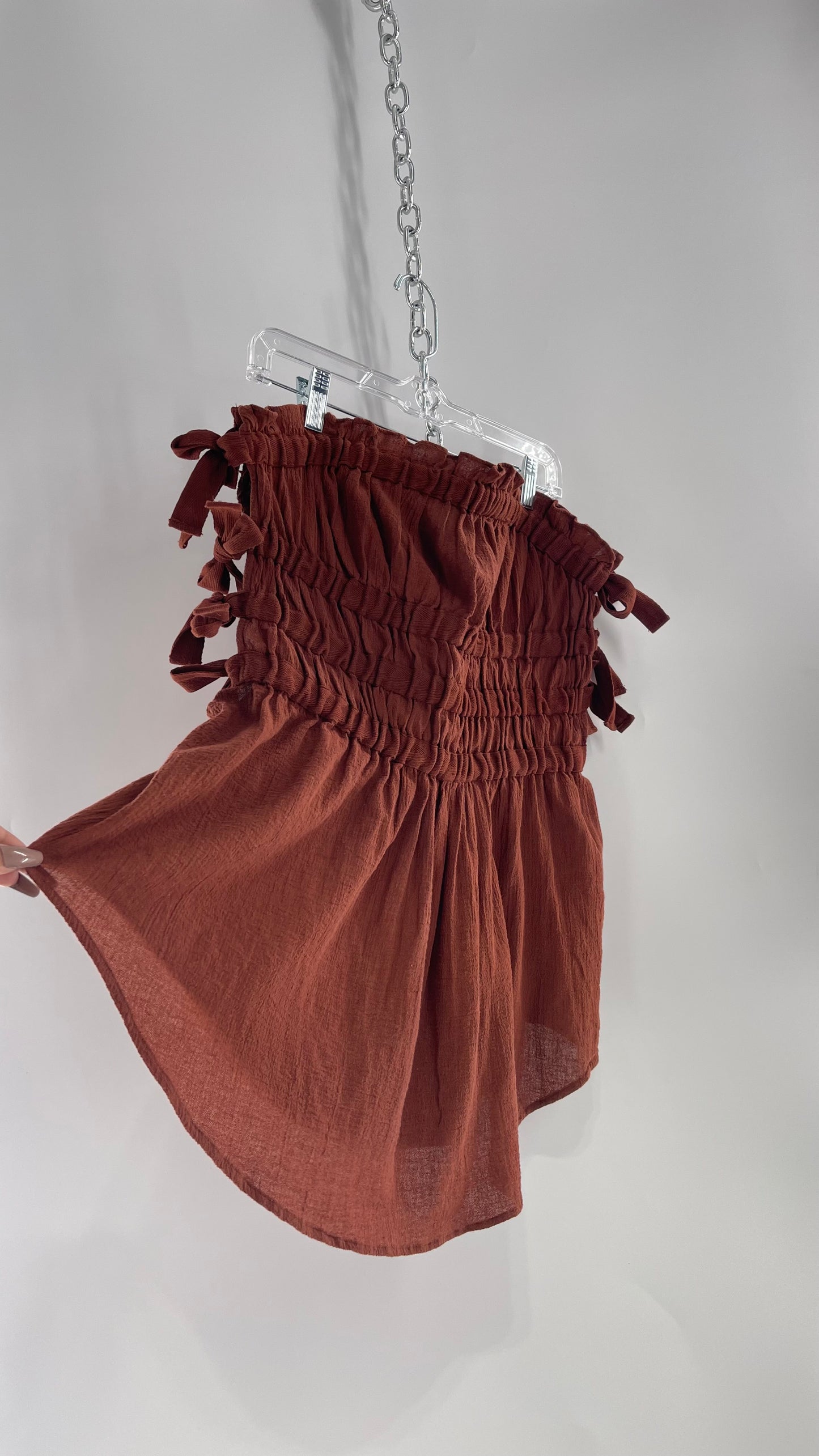 Free People Jen’s Pirate Booty Terracotta Brown Tie Side Ruched/Smocked Tube Tank with Tags Attached (Medium)