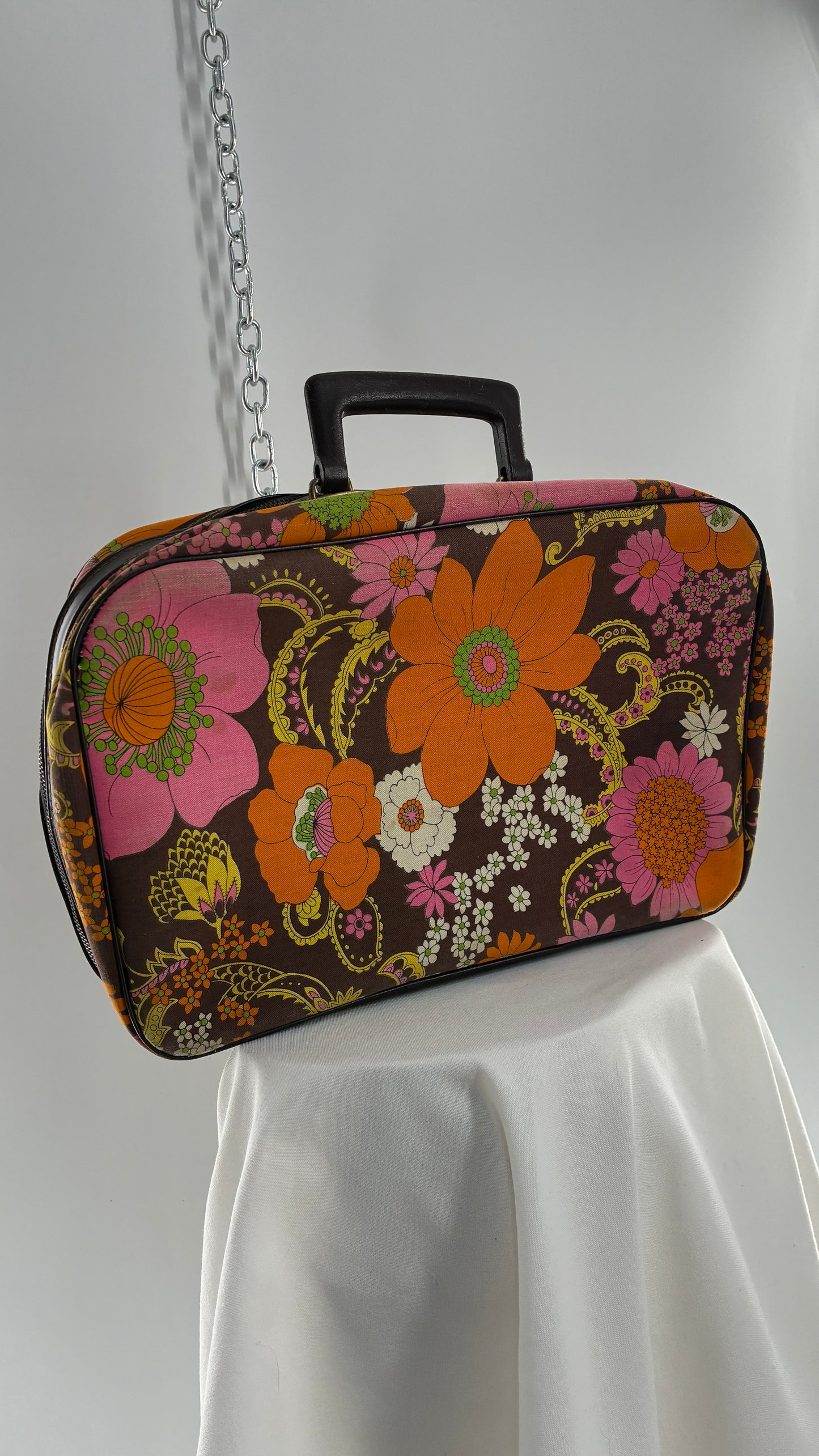 Vintage 1970s Brown Briefcase with Warm Tone Flowers