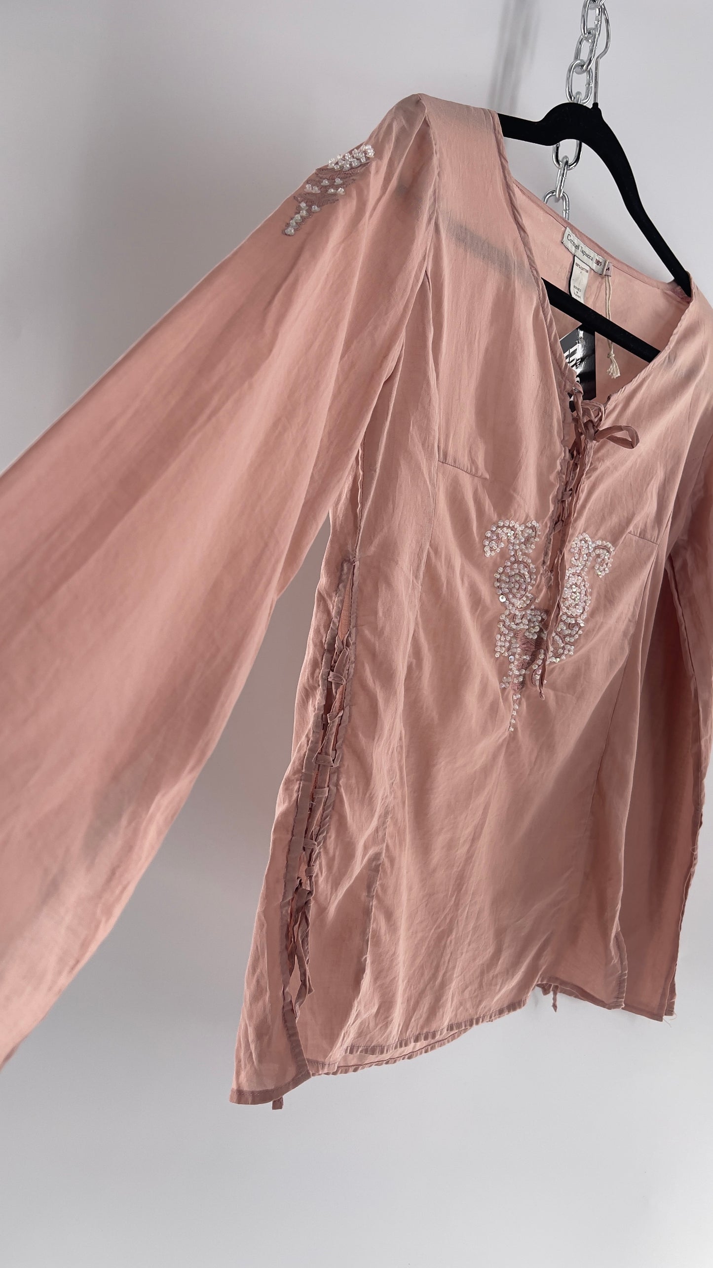 Vintage Coronel Tapioca Dusty Pink Tunic with Beaded Designs and Lace Up Sides (Medium)