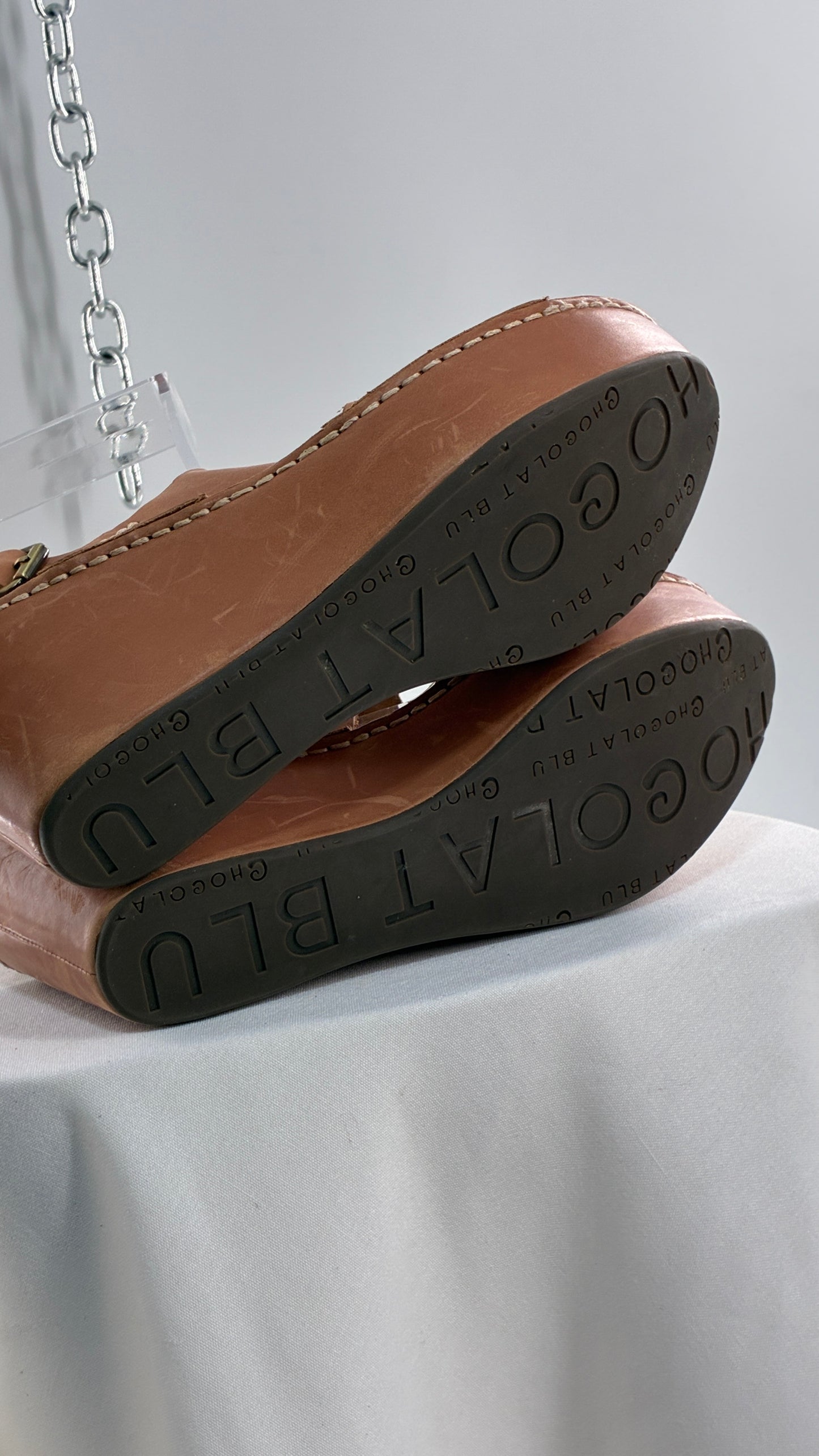 Chocolat Blu Tan Genuine Leather Wedge Platform Sandals (8.5)