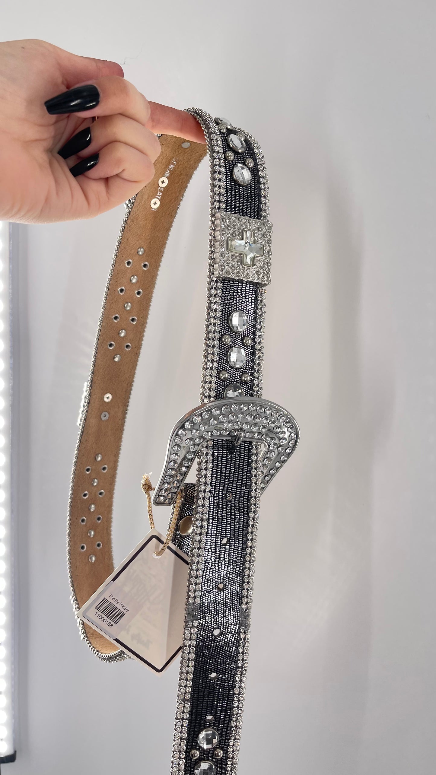 Free People Dark Silver Metallic Snake Print Belt covered in Crystal Embellishments and Heavy Metal Crosses (M)