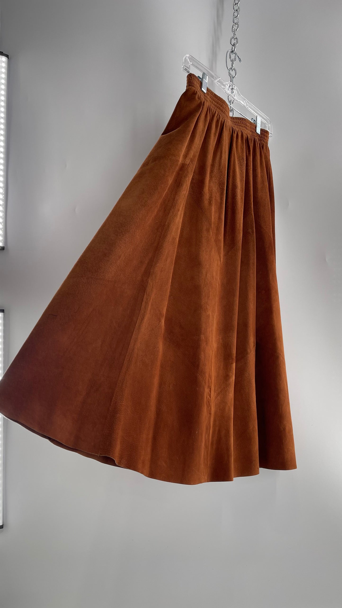 Vintage Brown Leather Suede Paneled Voluminous Skirt Assembled in Mexico (S)