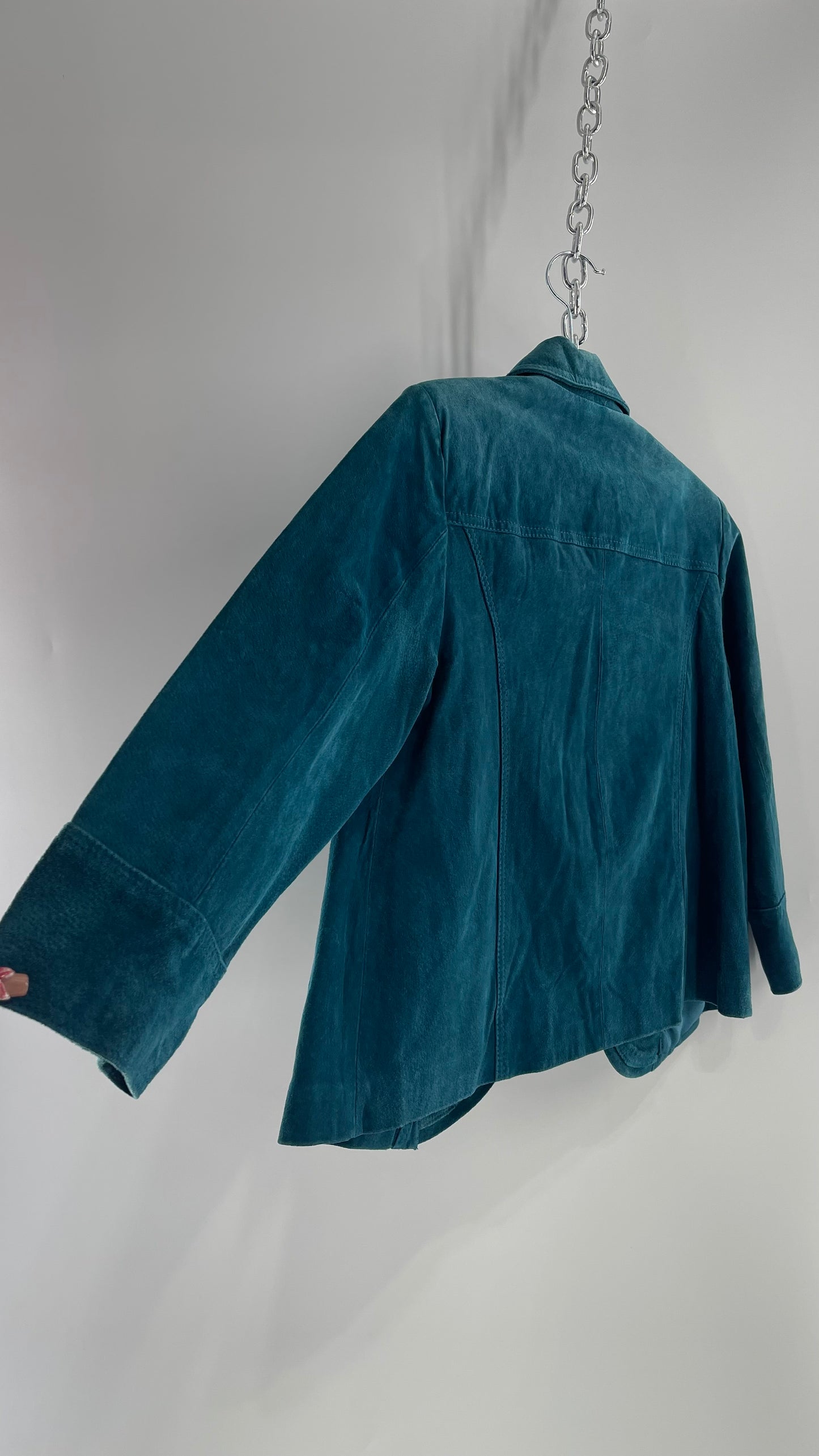 VINTAGE CHICO’s Suede Leather Teal Blue Cropped Bolero Blazer (Large)