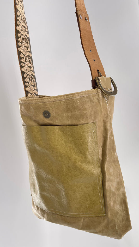 Tote with Embroidered Gold Exterior, Embroidered Leather Strap and Leather Interior - Shown Reversed