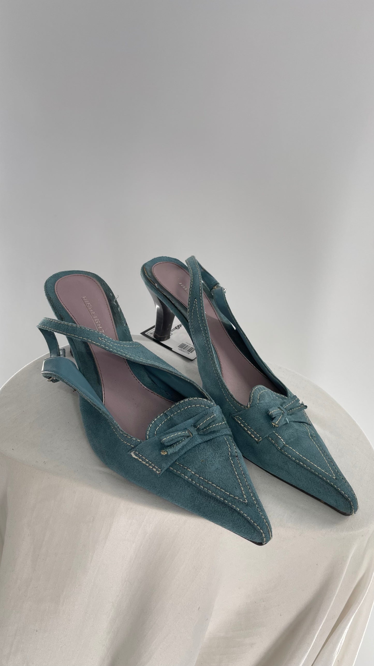 Vintage HIGHLIGHTS Blue Suede Pointed Toe Kitten Heel Slingbacks (7.5)