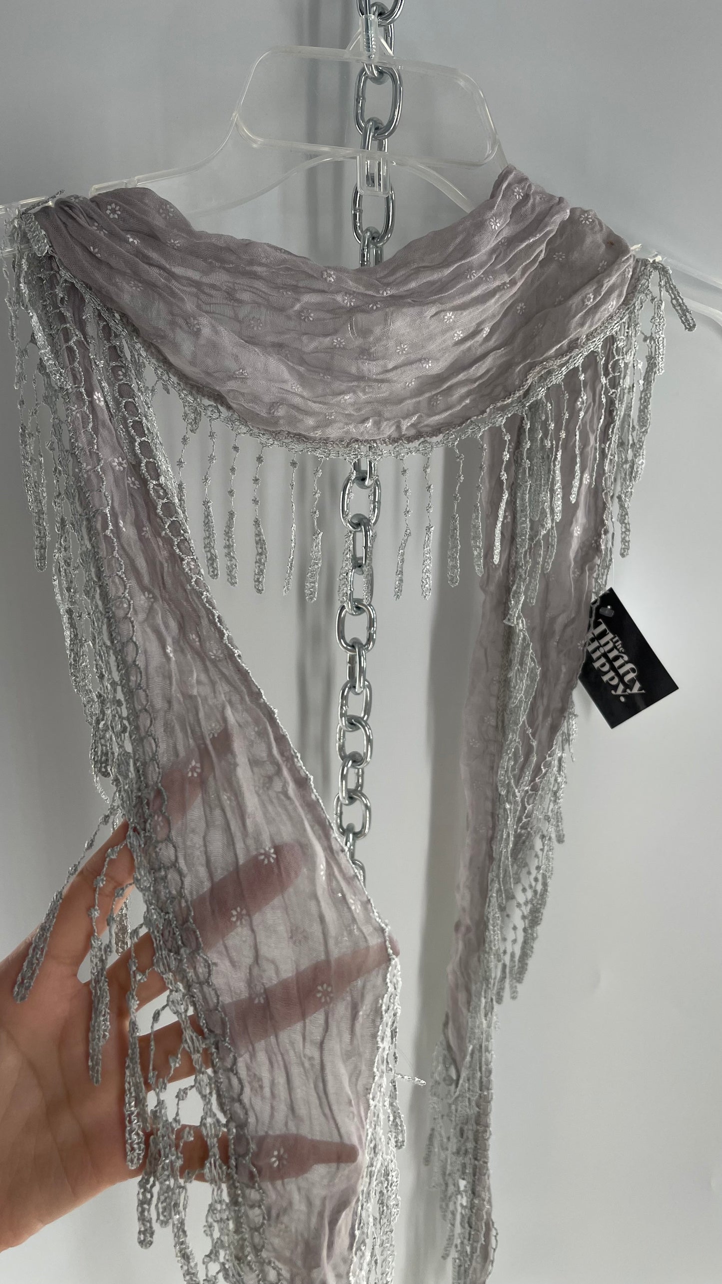 Vintage Tickled Pink Gray Super Skinny Scarf with Hanging Lace Trim