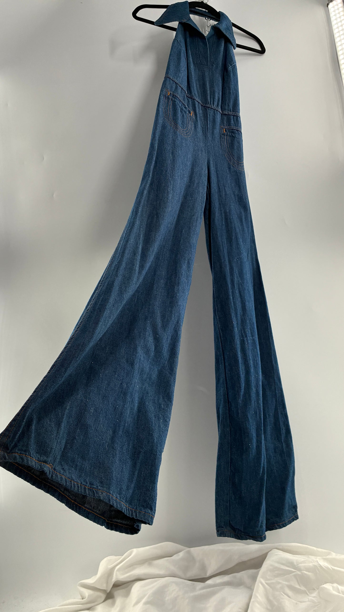 RARE Vintage 1970s Landlubber Medium Wash Denim, Sleeveless Halter, Wide Leg Bell Bottom, Jumpsuit (No Size on Tag, XS)