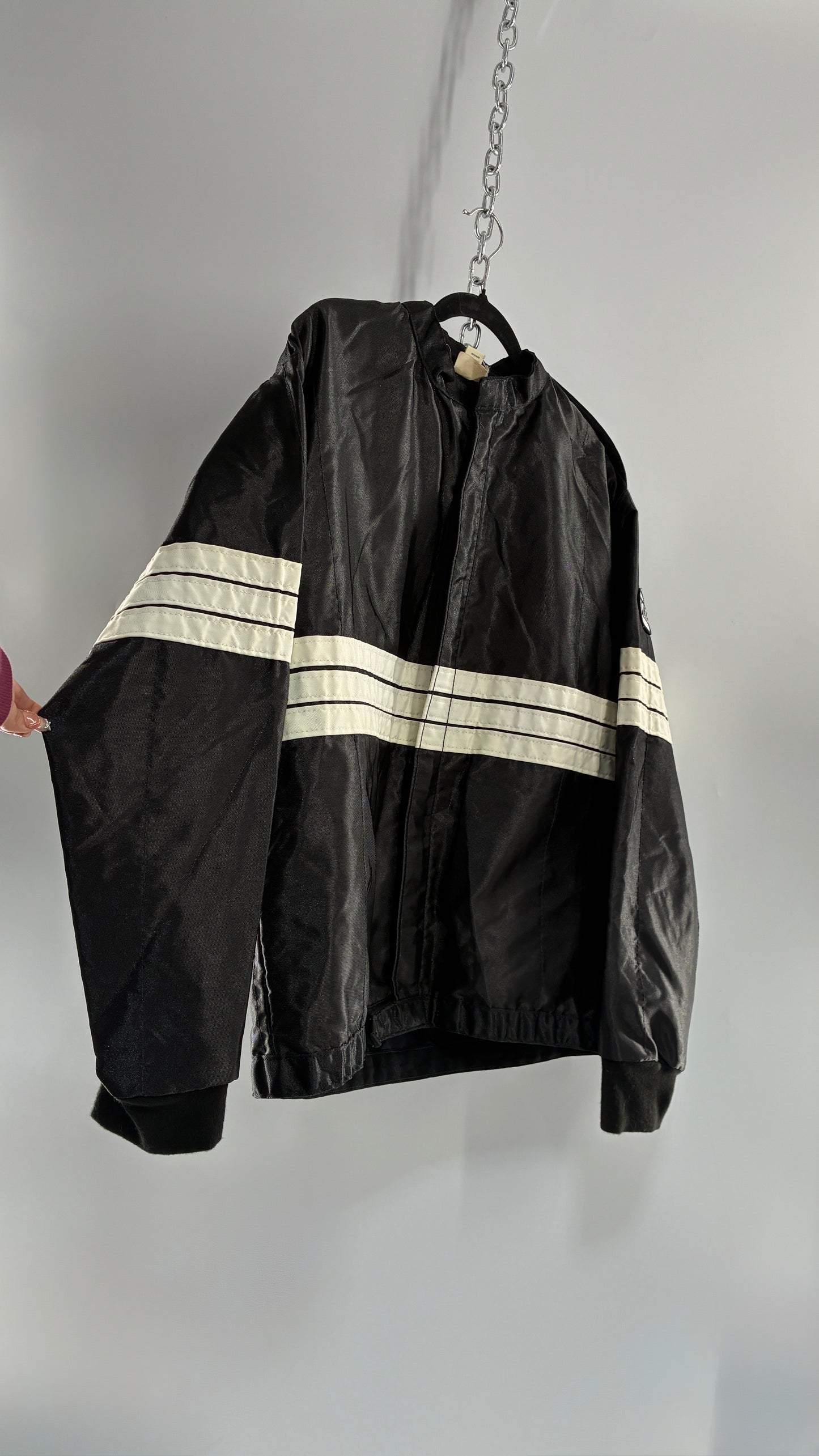 Vintage TMC RACING Black Jacket with White Striped Detailing (Large)
