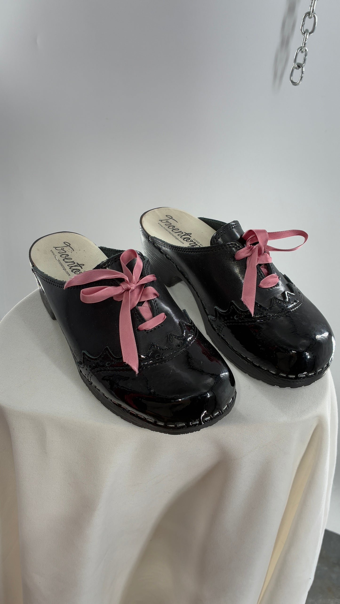 Vintage 1970s TROENTORPS Black Patent Leather Clogs with Ribbon Tie Detail (38)