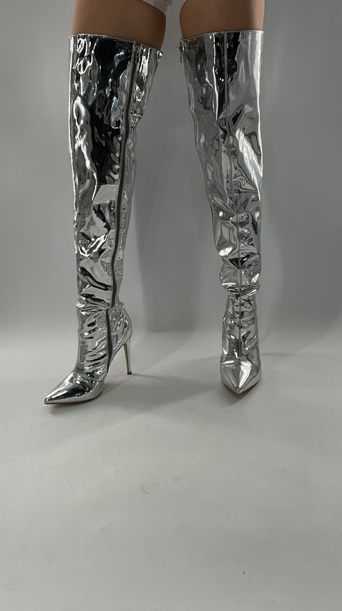 Vintage Chrome Platinum Mirrored Thigh High Molten Metal Sky High Boots Space Cadet/Concert (7)