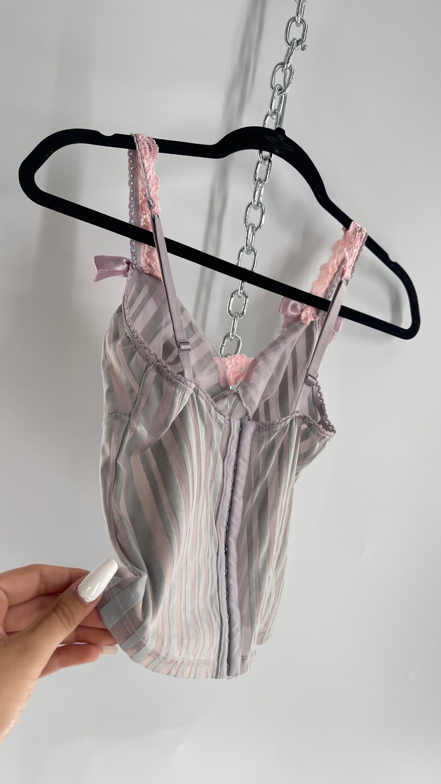 Sophie B Vintage Gray Sheer Striped Camisole Tank with Pink Lace, Bows and Ribbon (M)