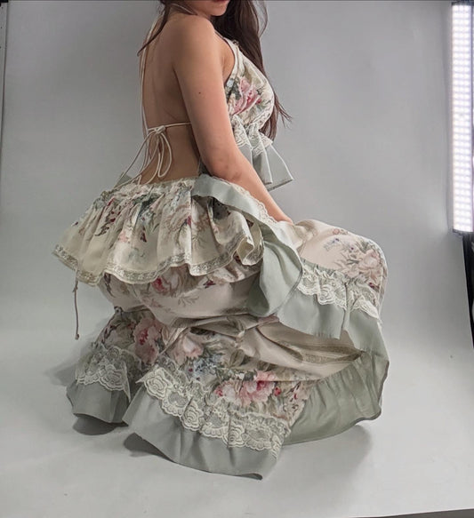 Handmade Vintage Muted Florals Two Piece Set with Adjustable Waist and Bust Lines (XS-XL)