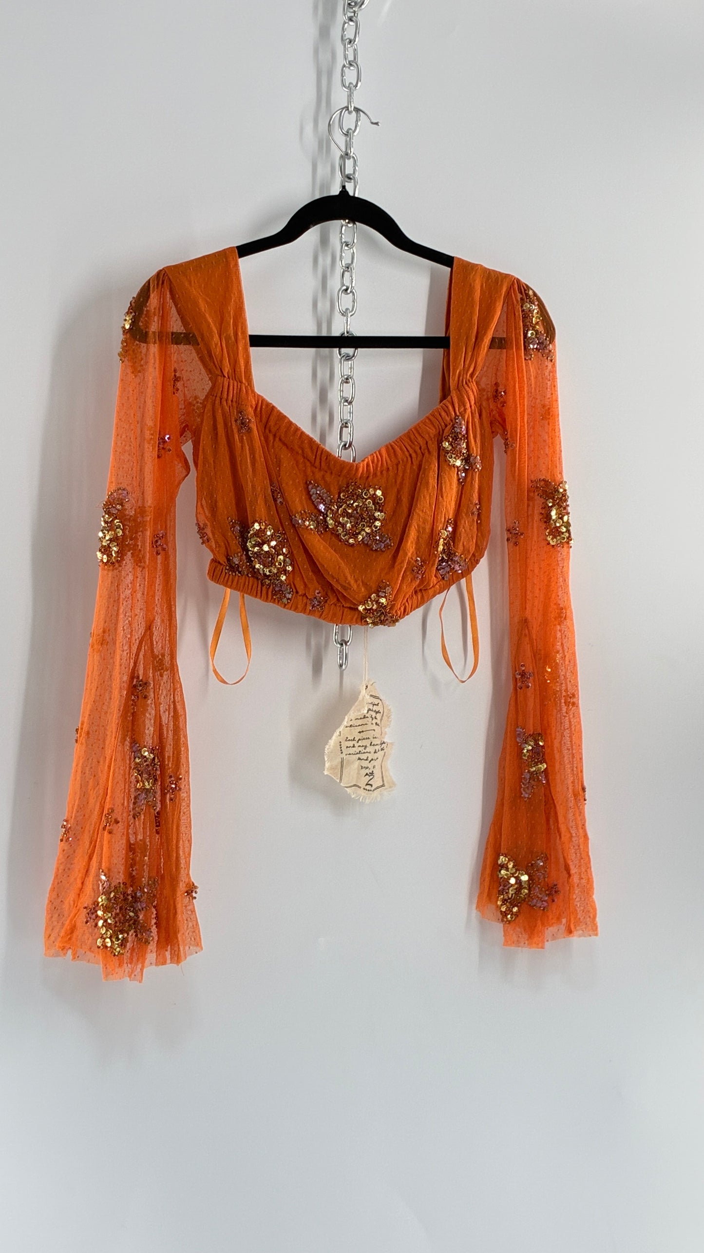 Free People Orange Off the Shoulder Beaded Bell Sleeve with Tags Attached (Medium)