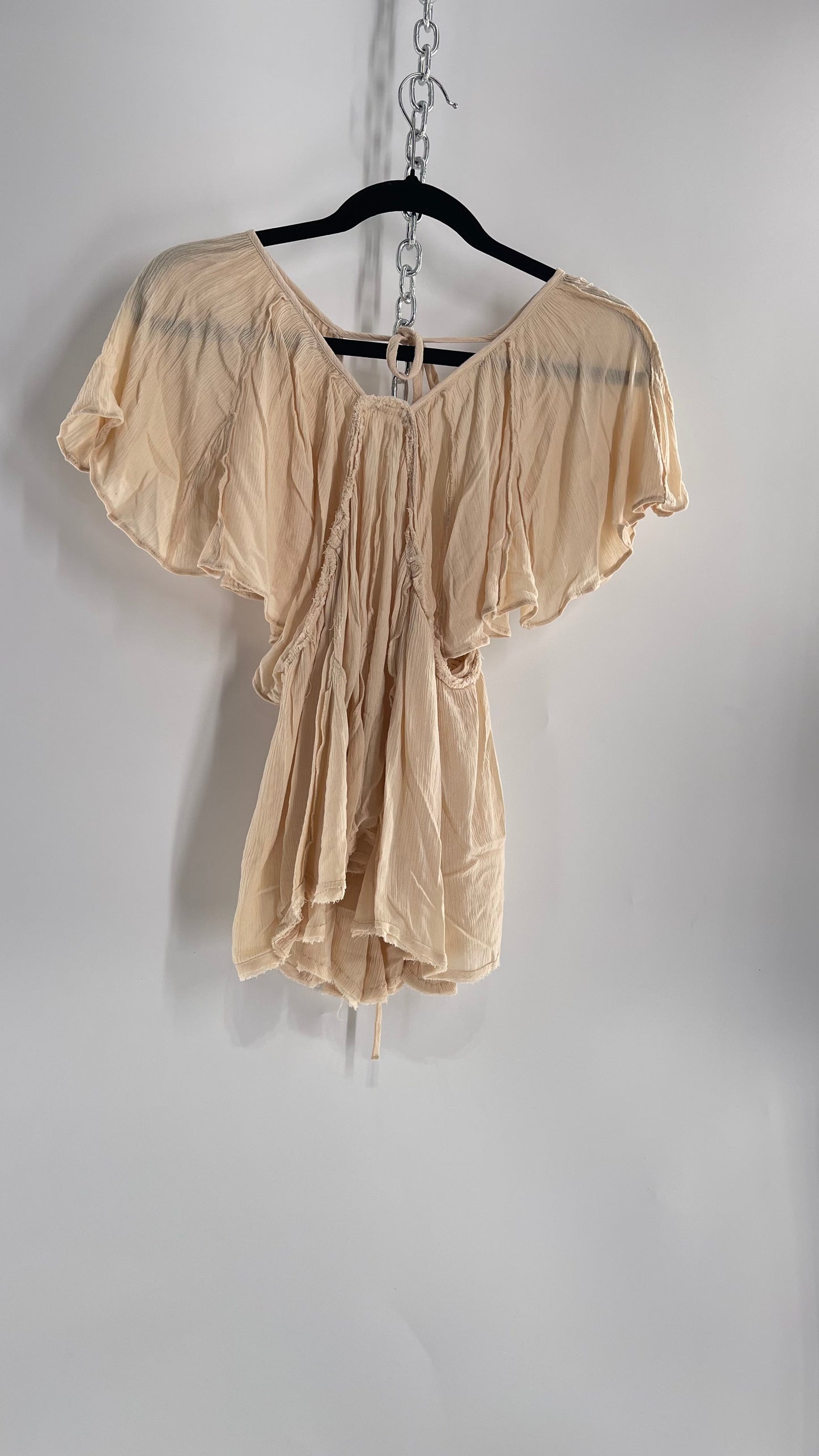 Free People Beige Open Back Drape Sleeve Blouse (XS)