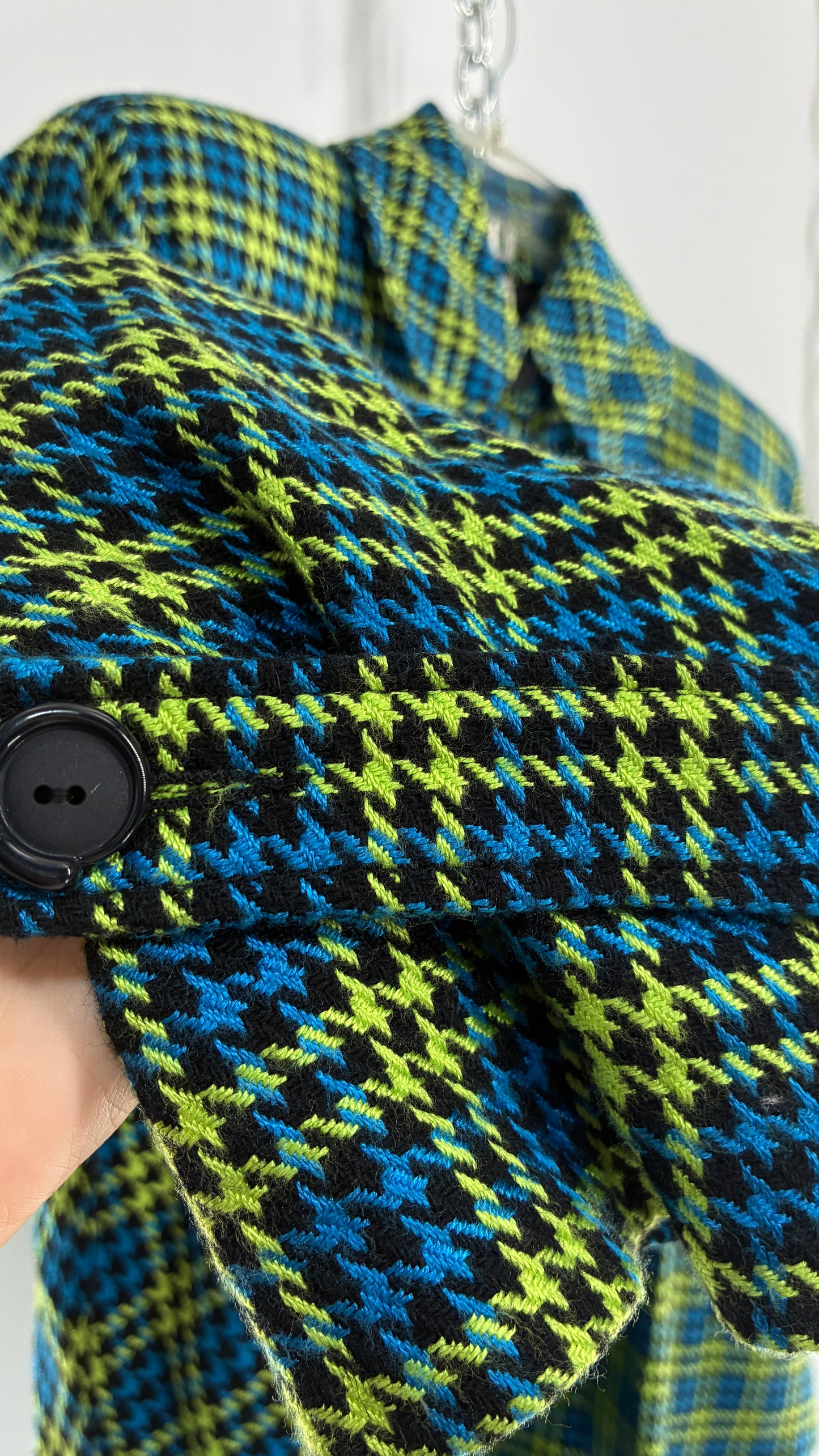 Vintage HONG KONG Wool Blend Neon Green and Blue Plaid Jacket and Micro Mini Set (Small)