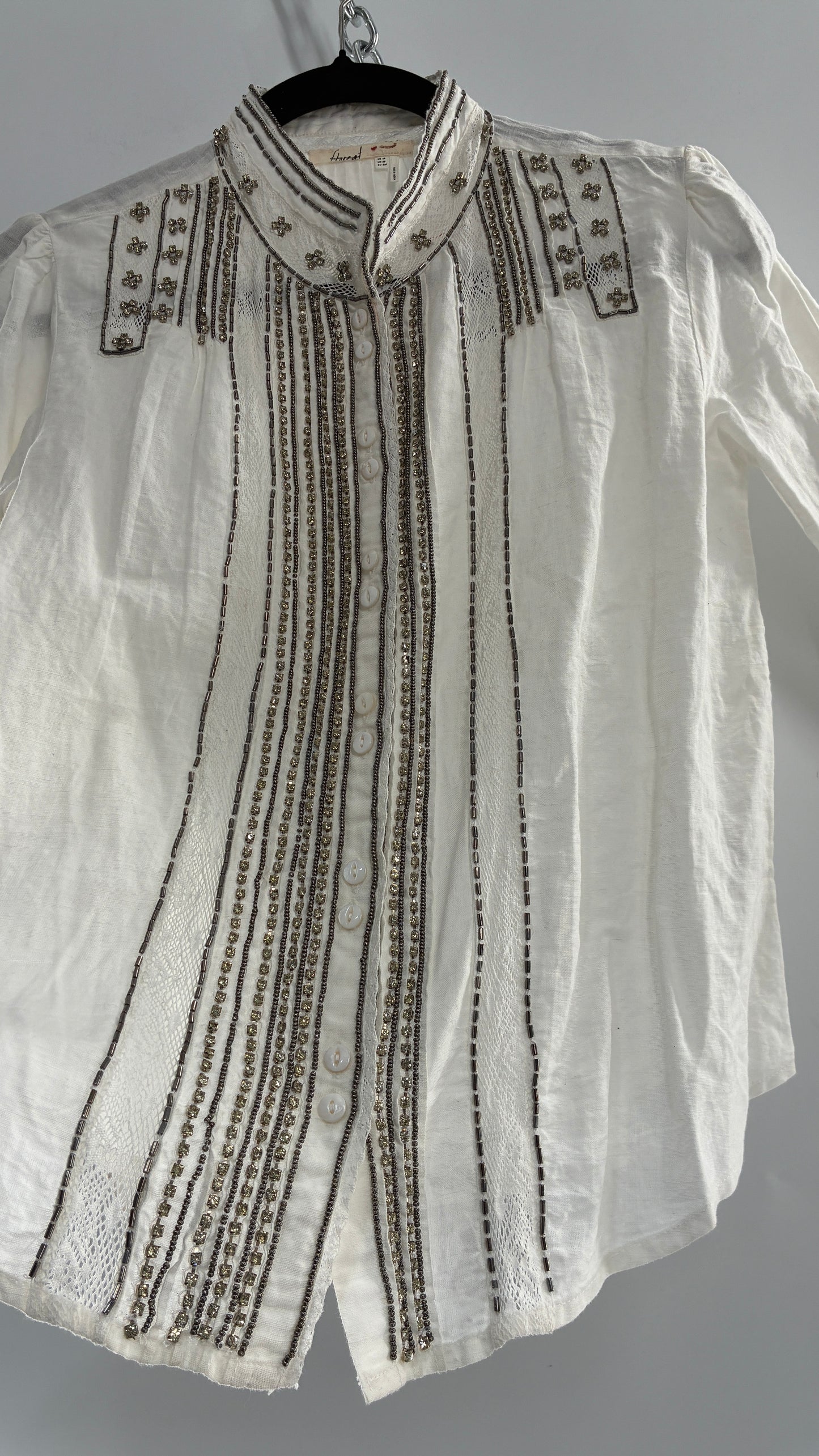 Anthropologie FLOREAT Linen Cotton White Button Up with Lace and Rhinestone Details (4P)