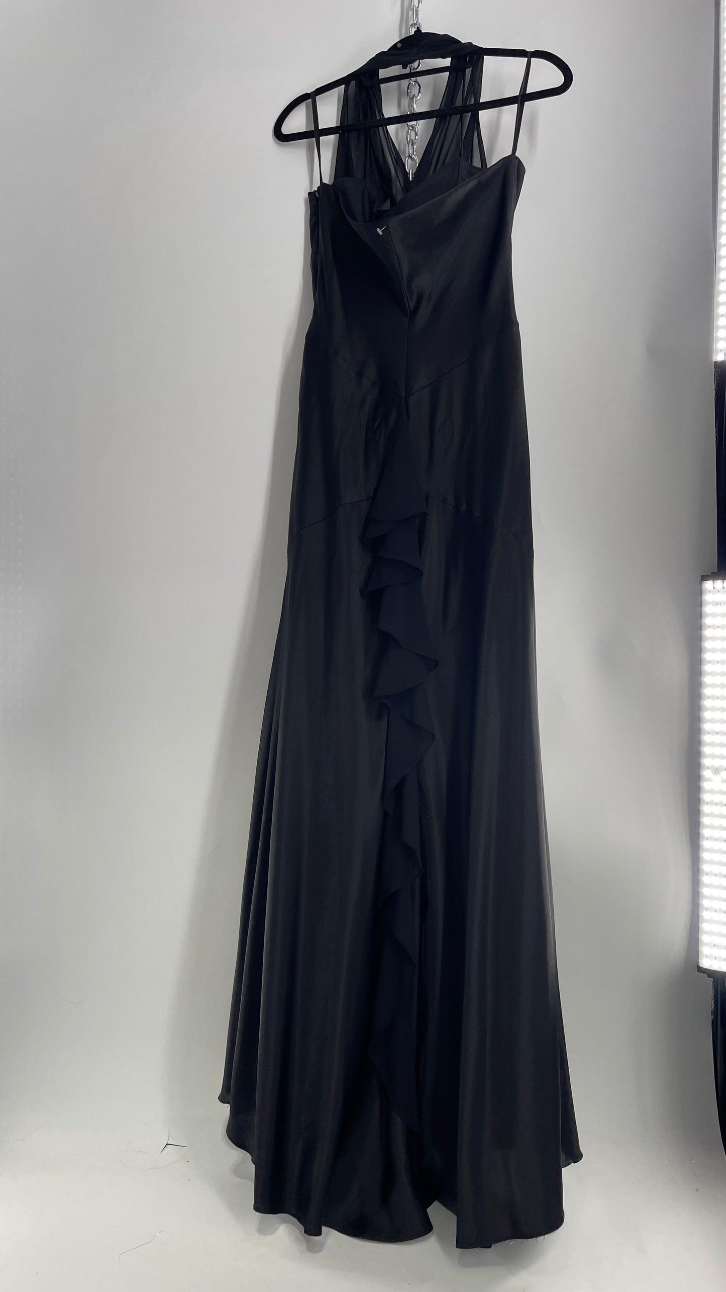 Vintage 1990s Let’s Fashion Black Silky Gown with Mesh Bust Detail and Ruffled Bum (XL)