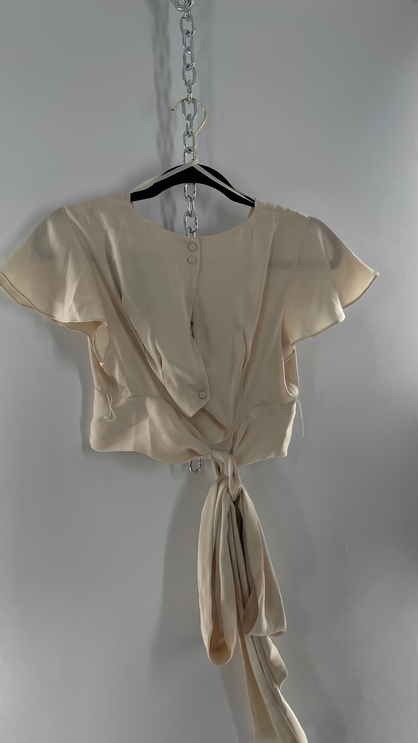 BCBGMAXAZRIA Off White Ivory Satin Tie Around Waist Cropped Blouse with Button Back and Tags Attached (XXS)