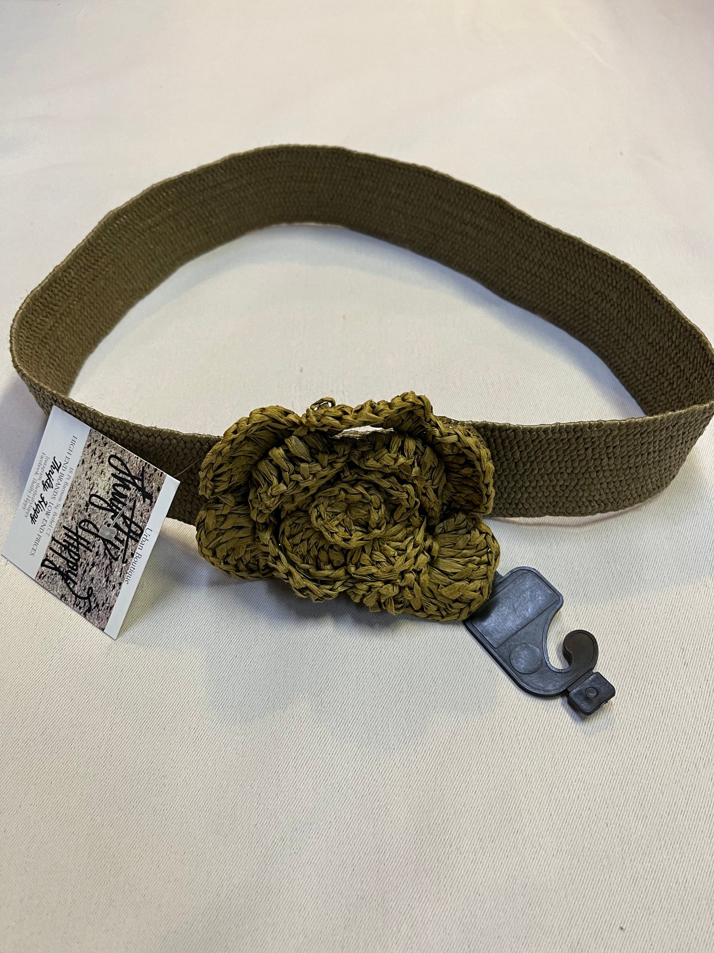 Vintage Miss Albright Elastic Tan Woven Belt with Artisan Looking Crochet Flower (M/L)