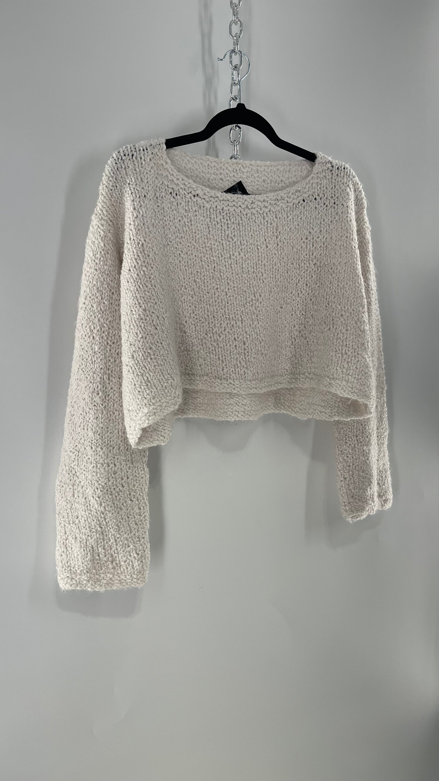 White Slouchy Comfy + Cozy Knit Cropped Sweater (M)