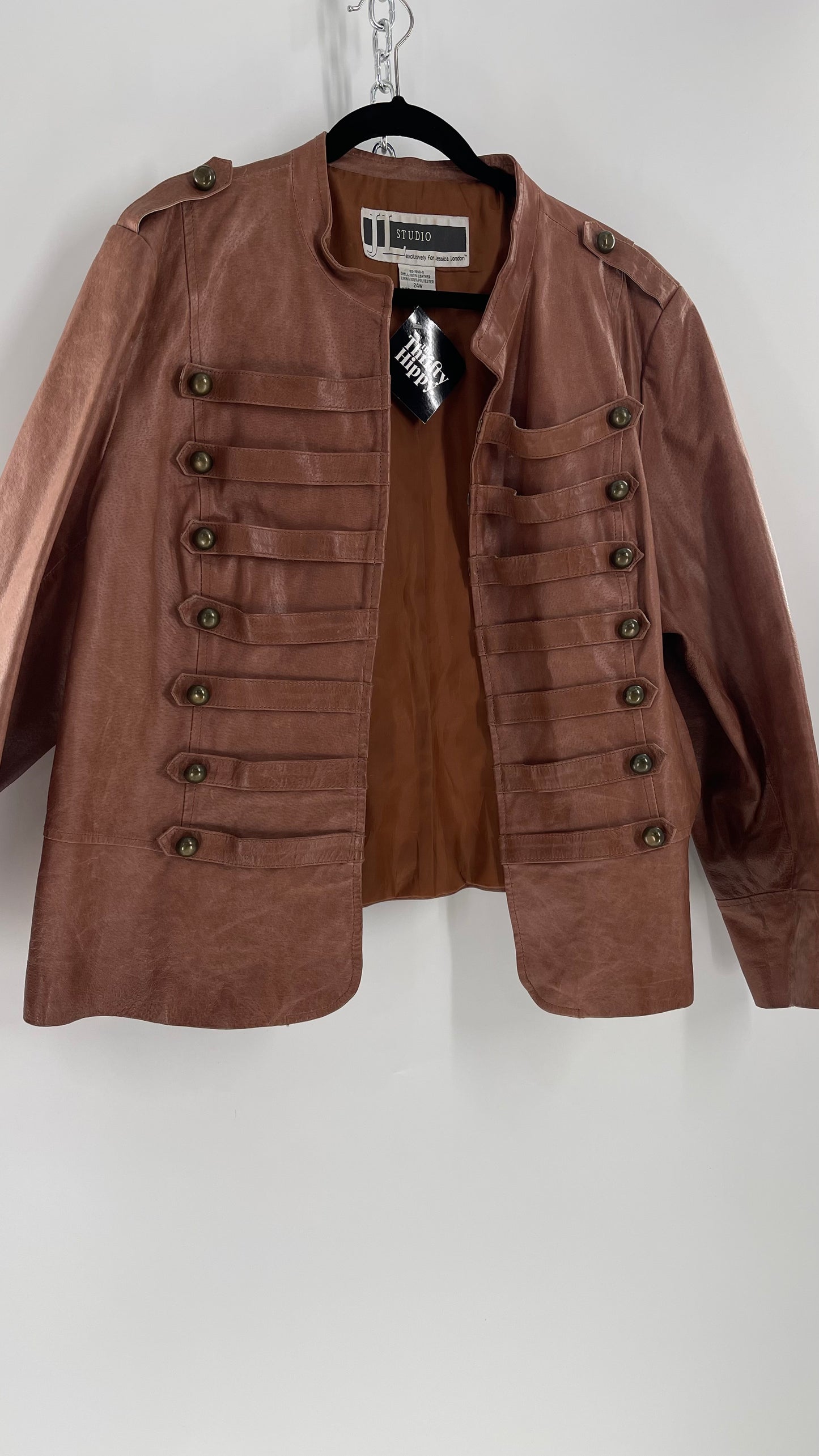 Vintage JL Studio Brown Leather Double Breasted Steampunk Military Drummer Jacket with Brass Toned Buttons (24W)