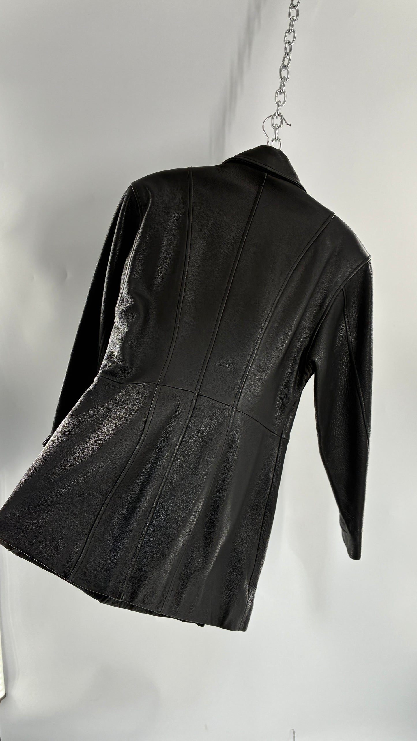 Vintage LUIS ALVEAR Thick Genuine Leather Black Trench Style Jacket (XS)