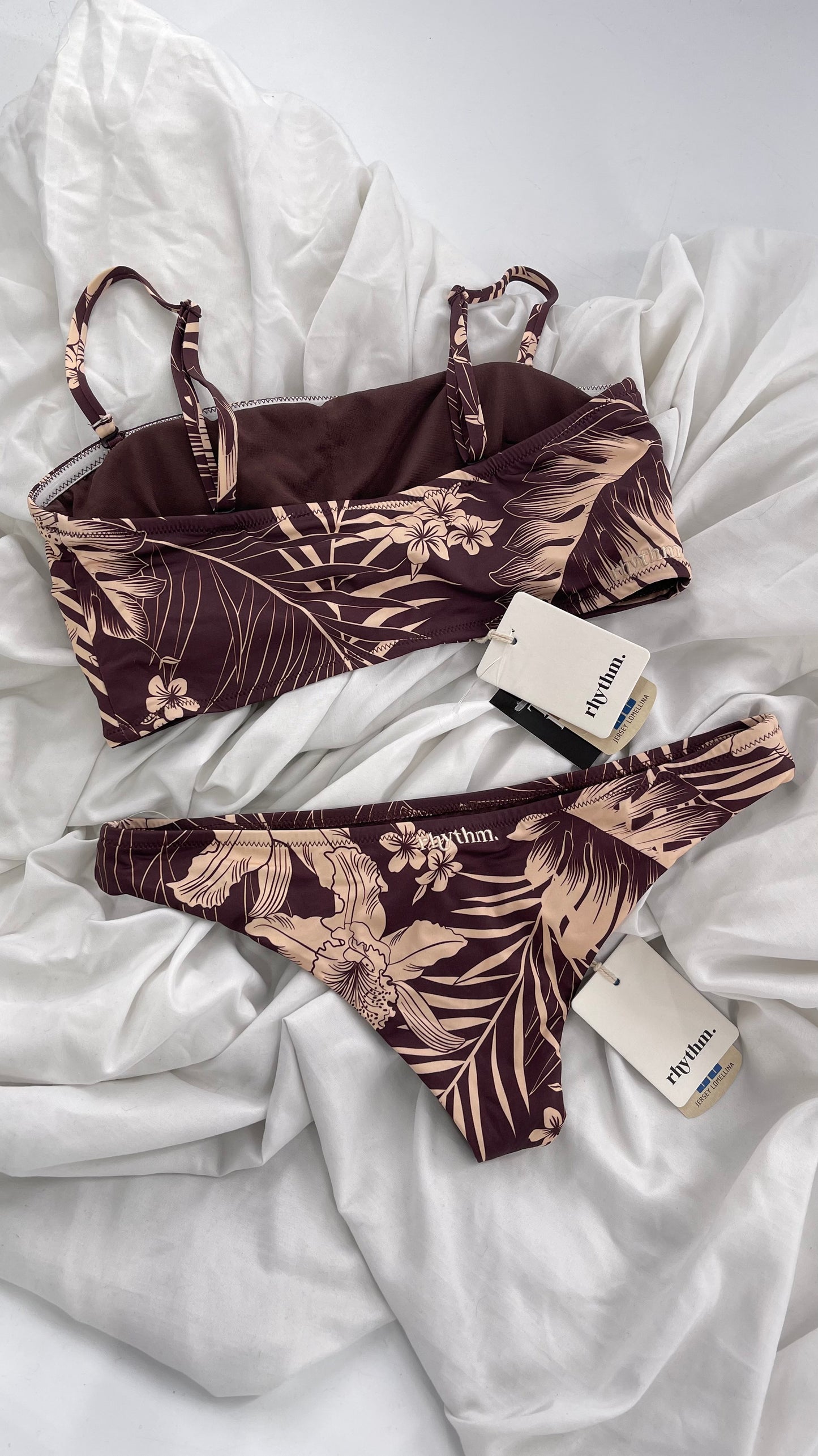 RHYTHM Brown and Beige Tropical Palm Patterned Swim Set with Tags Attached