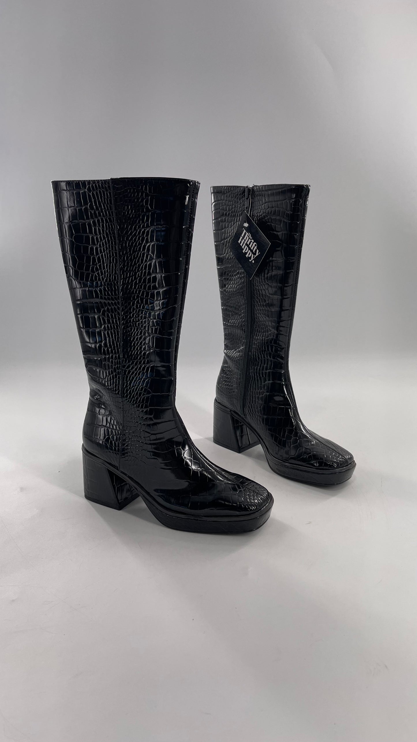 Urban Outfitters Black Crocodile Embossed Knee High Heel Boots (6)