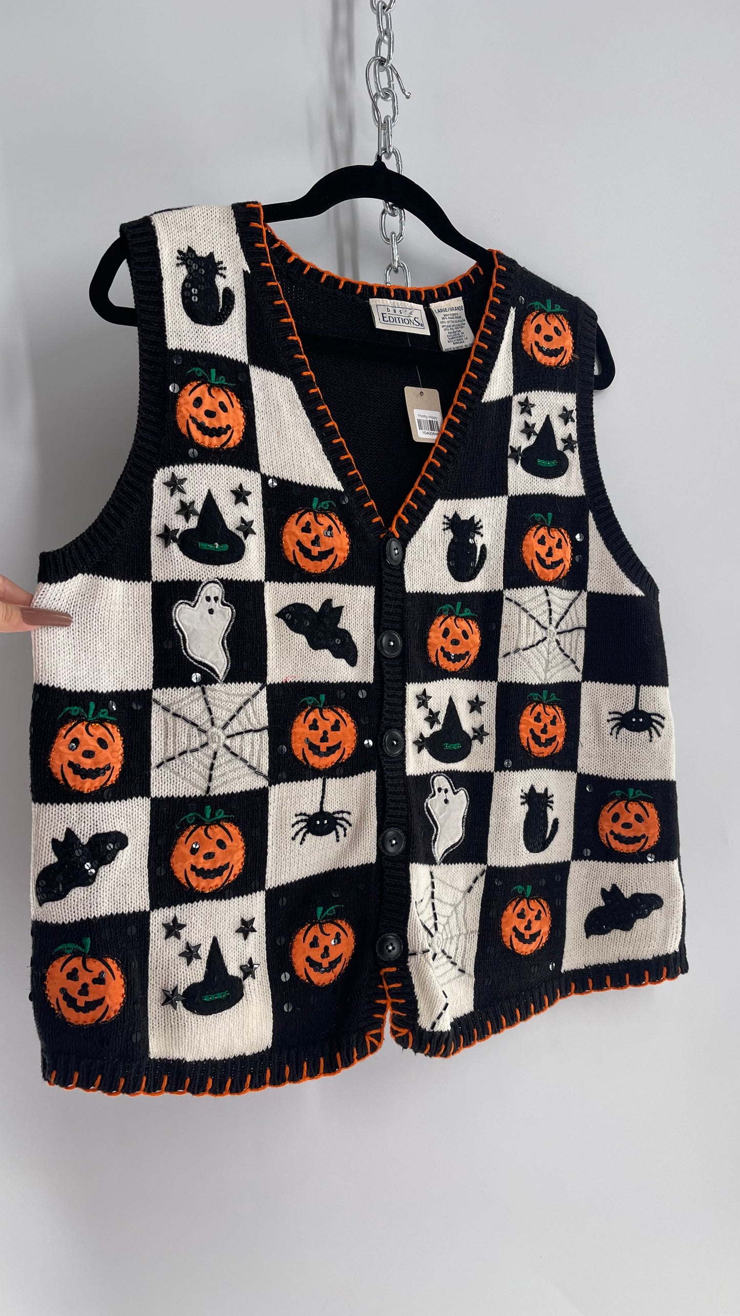 Vintage Knit Halloween Vest with Beaded Stars, Webs and Spiders (Large)