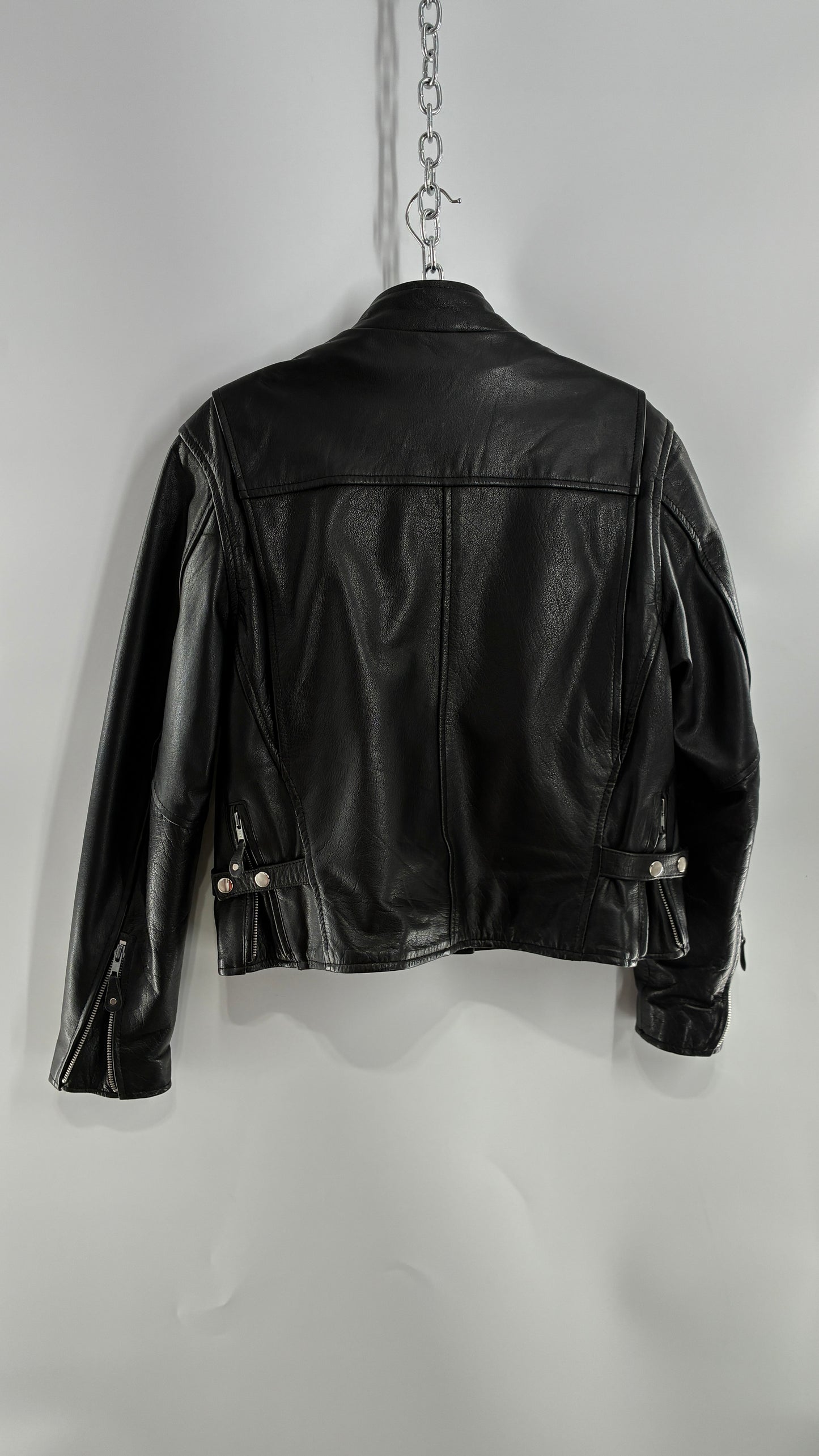 Vintage DOC’s Black Thick Leather Jacket with Removable Quilted Lining, Zippered Sides and Heavy Metal Details (Medium)
