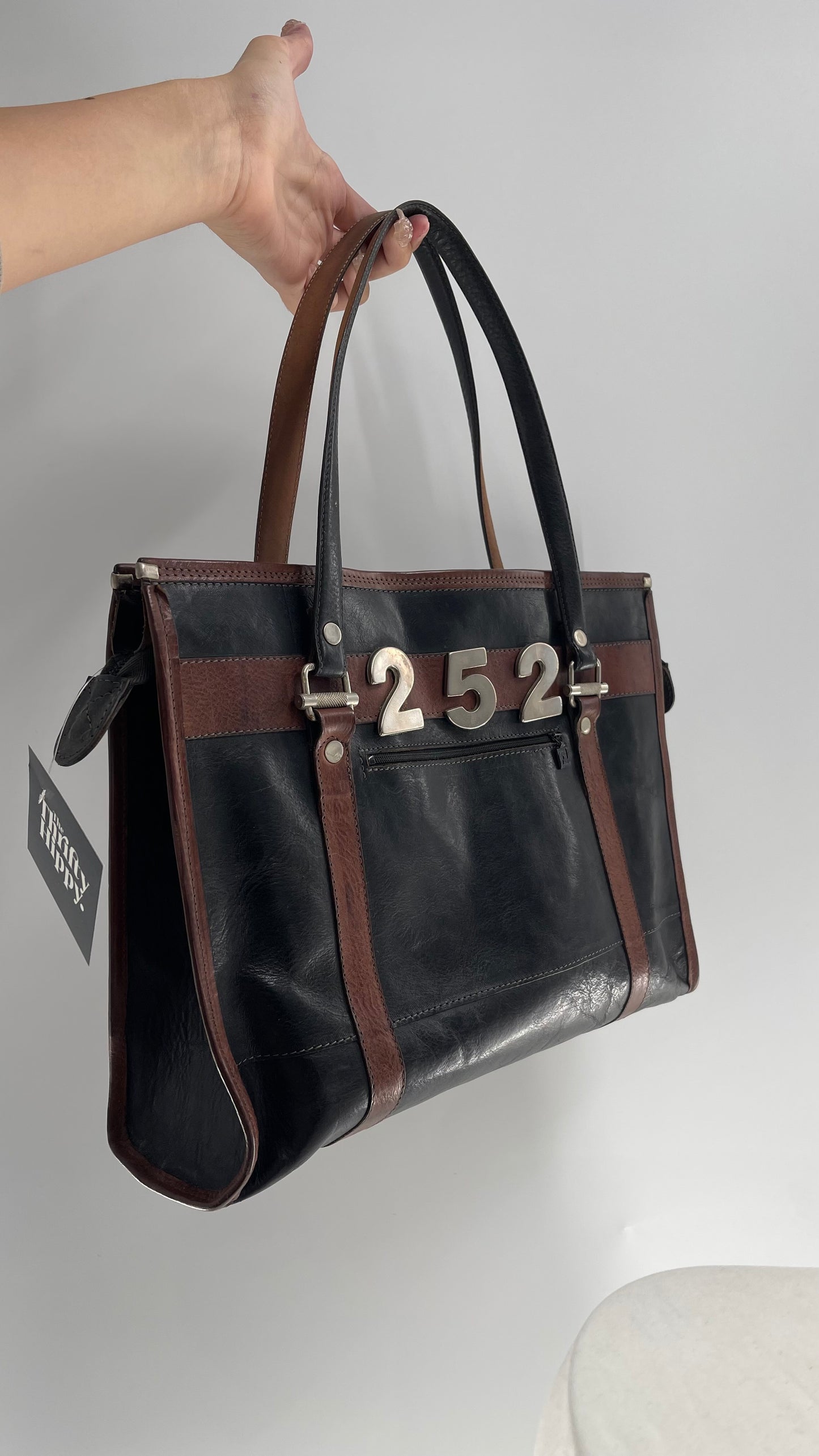 Vintage Black and Brown Leather Handbag with Metal Number 252 Detailing