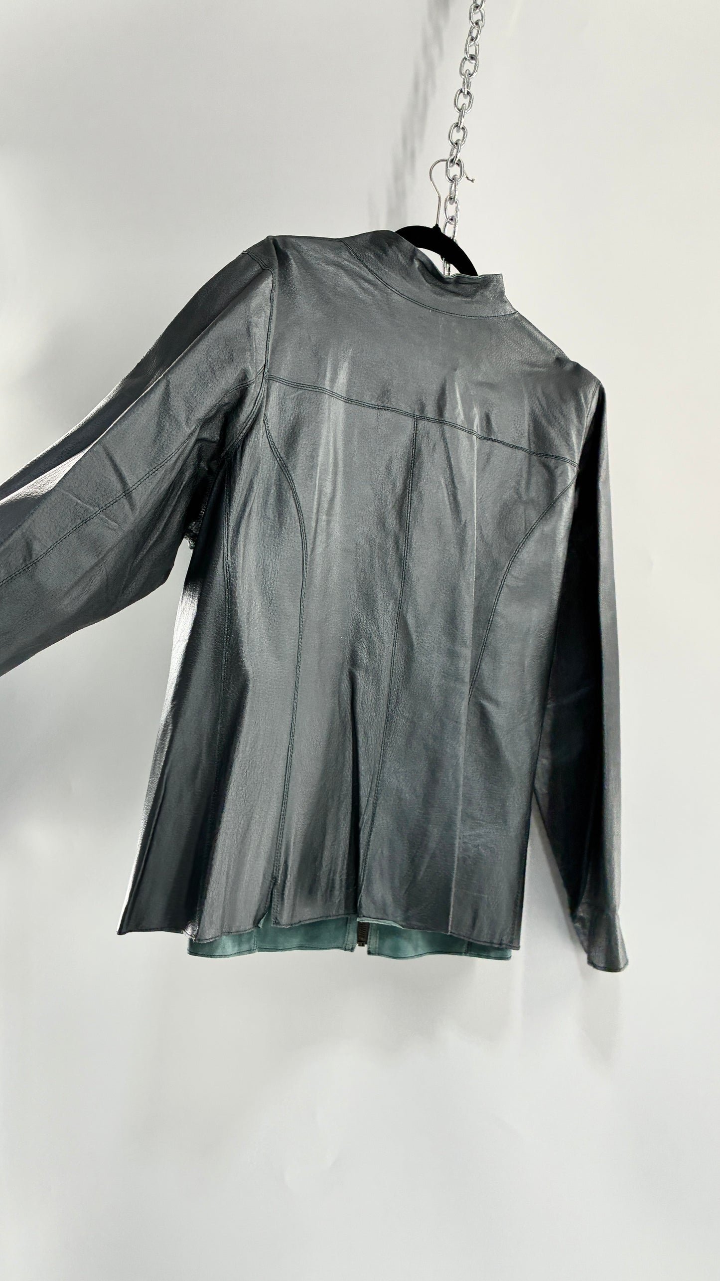 Vintage 1990s Metallic Blue Genuine Leather and Suede Reversible Thin, Zip Up Moto Jacket (XXL)