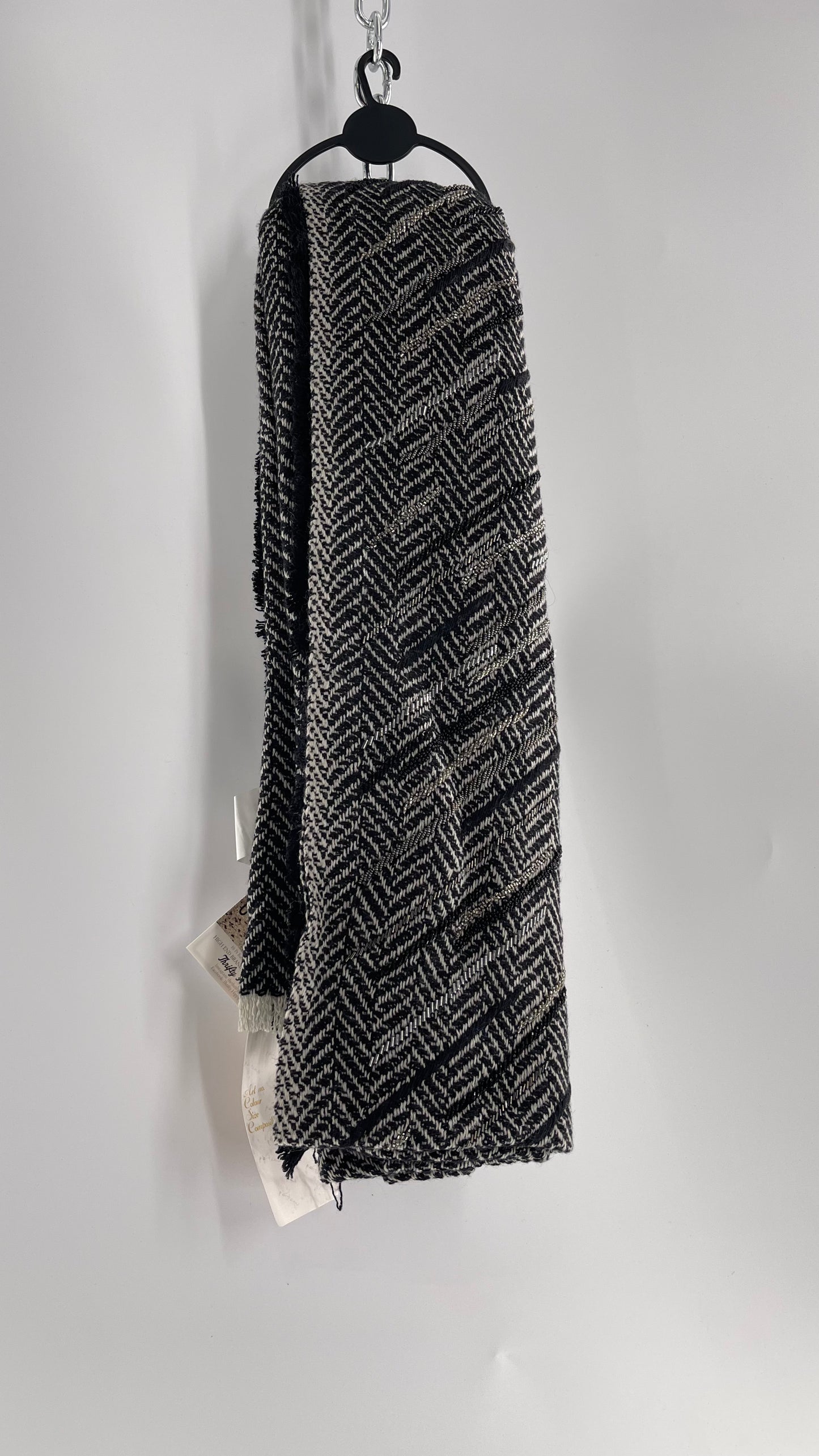 Anthropologie Pétanu Black and White 50% Cashmere 50% Silk Beaded Embellished Scarf with Tags Attached