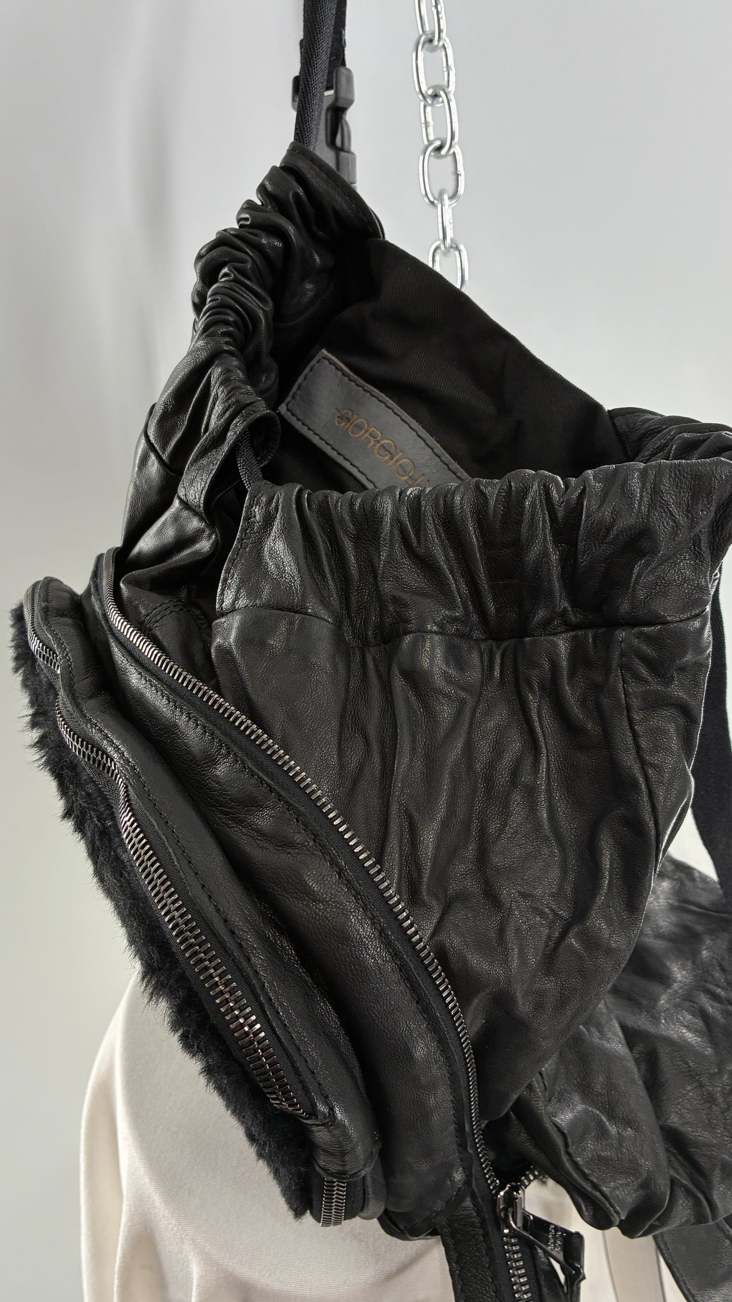 GIORGIO BRATO Black Lamb Leather Convertible Shoulder Bag and Backpack