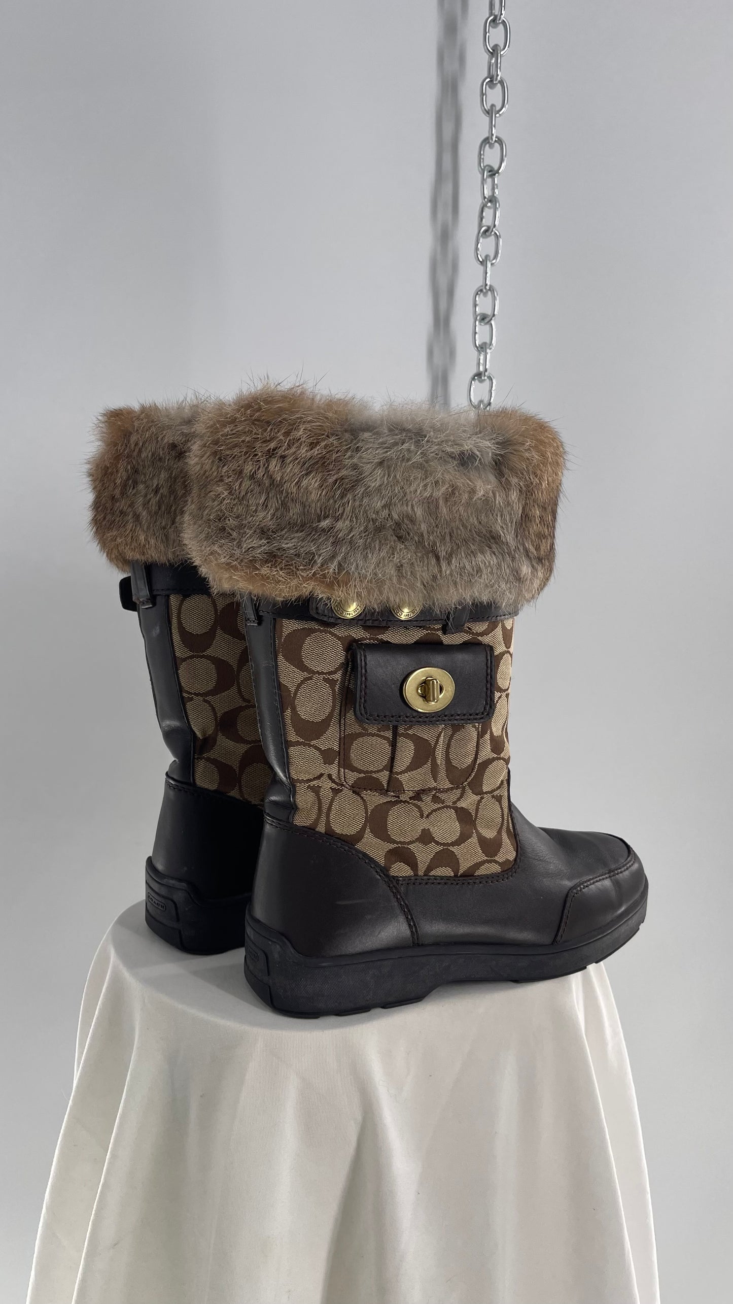 Coach Vintage Kimberly Brown Leather Quilted Monogram Rabbit Fur Trim Boot with Ankle Pouches  (8.5)