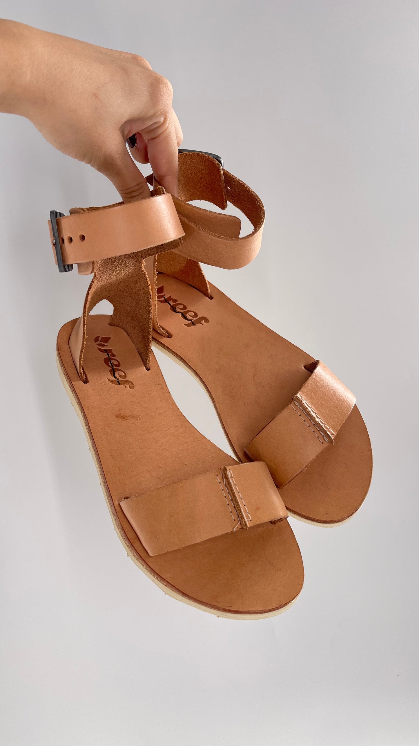 Free People Reef Light Nude / Tan Leather Sandals with Thick Ankle Strapped Buckle (6)